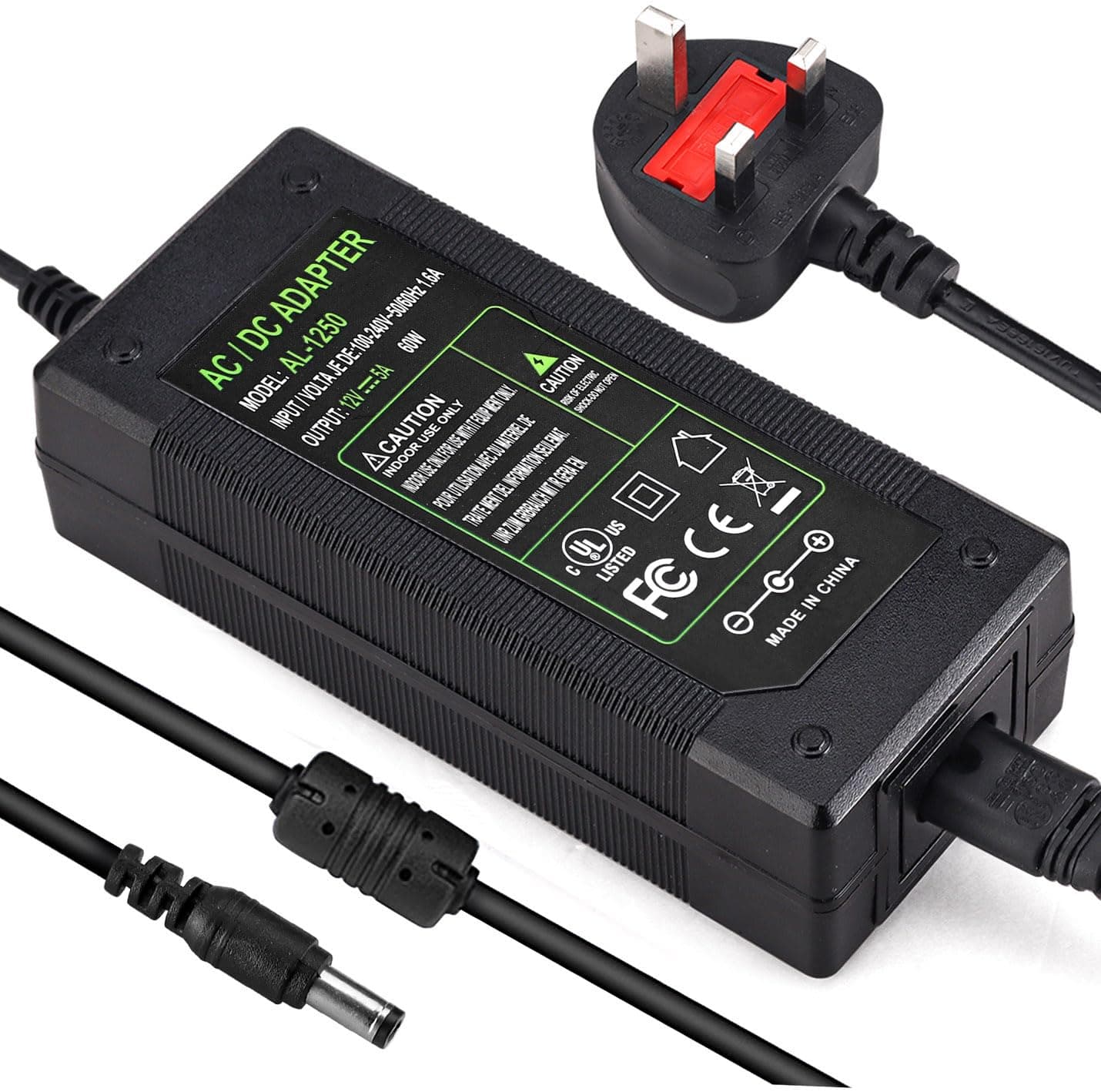 DC 12V 5A Power Supply Adaptor 60W, AC 100-240V to DC 12 Volt Power Adapter UK Plug for Monitors TV DVDTVs Amplifier Cameras System (12V 5A)