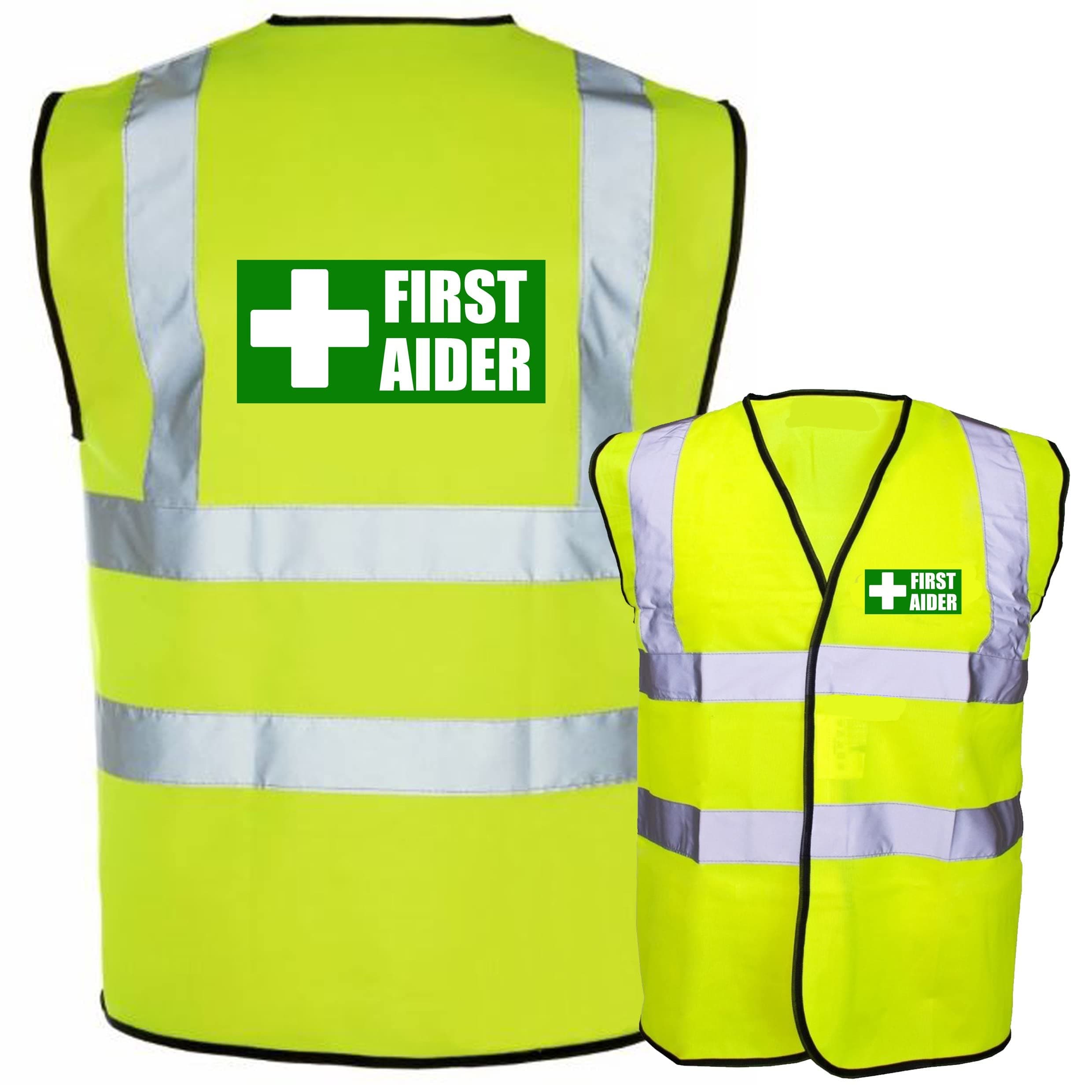 First Aider Boxed Pre Printed Yellow Hi Vis Viz Reflective Safety Vest Waistcoat, Reflective High Visibility, supplied by Simply Hi Vis Clothing UK
