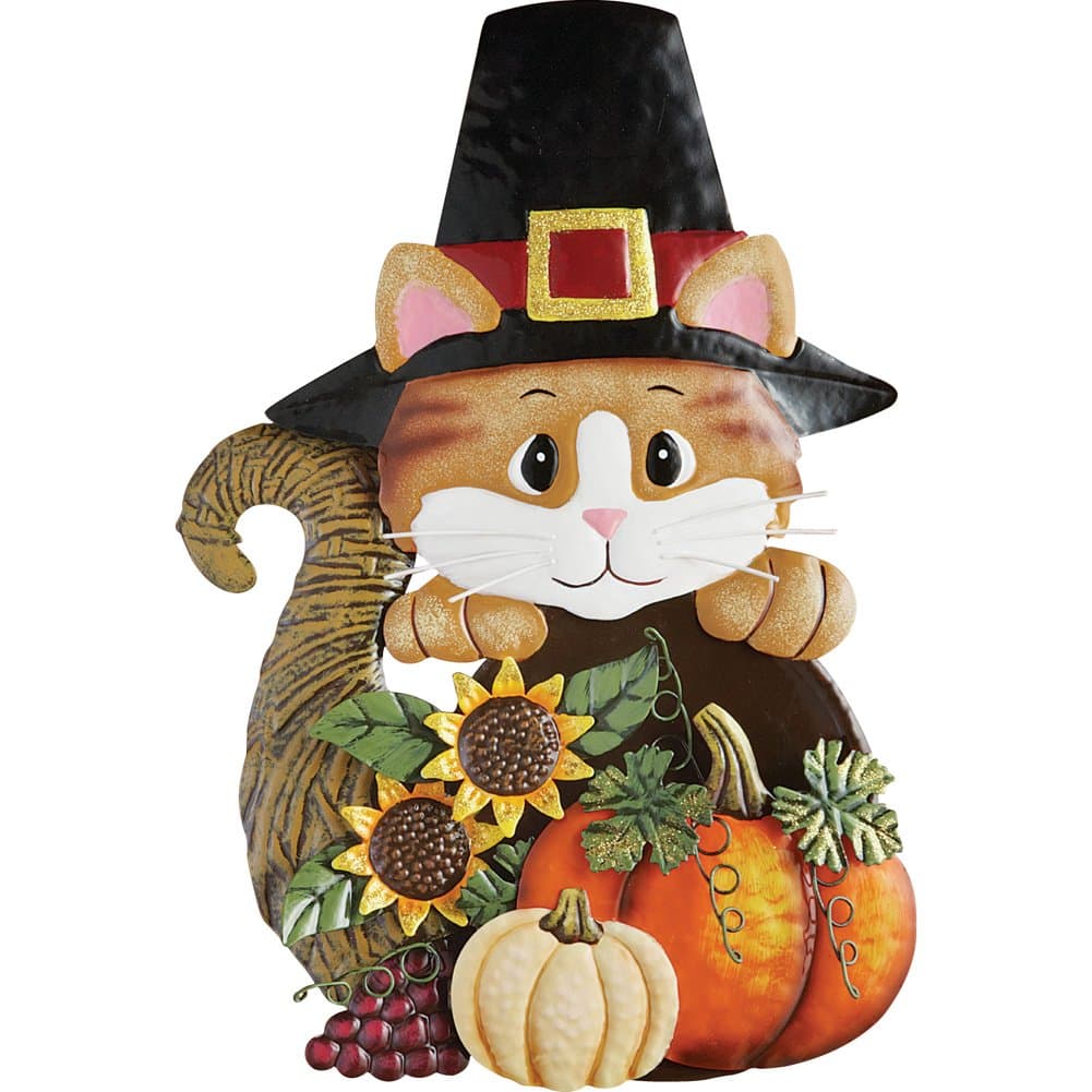 Collections Etc Fall Harvest Pilgrim Cat Hanging Door Decor