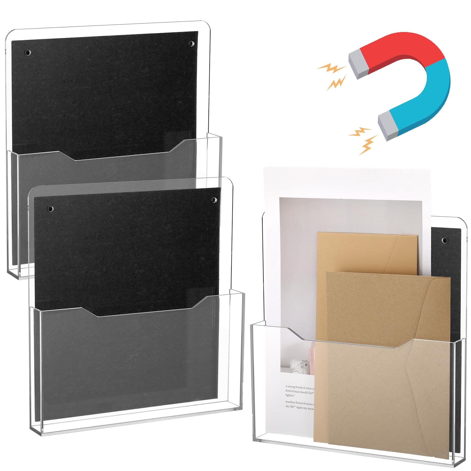 3 Pack Acrylic Magnetic File Holder Clear Hanging Wall File Organizer Mail Paper Letter Magazine Display Stand Wall Mount Office Classroom Library Fridge Whiteboard