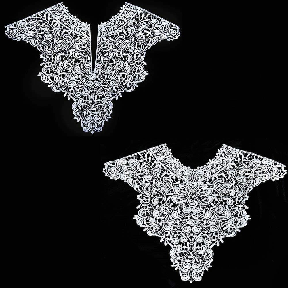 1 Sets (Front/Back) Pink/Red/Black/White Lace Neckline Collar Beautiful Flower Lace Applique Trim, Lace Fabric DIY Sewing Supplies(2Slices) (White)