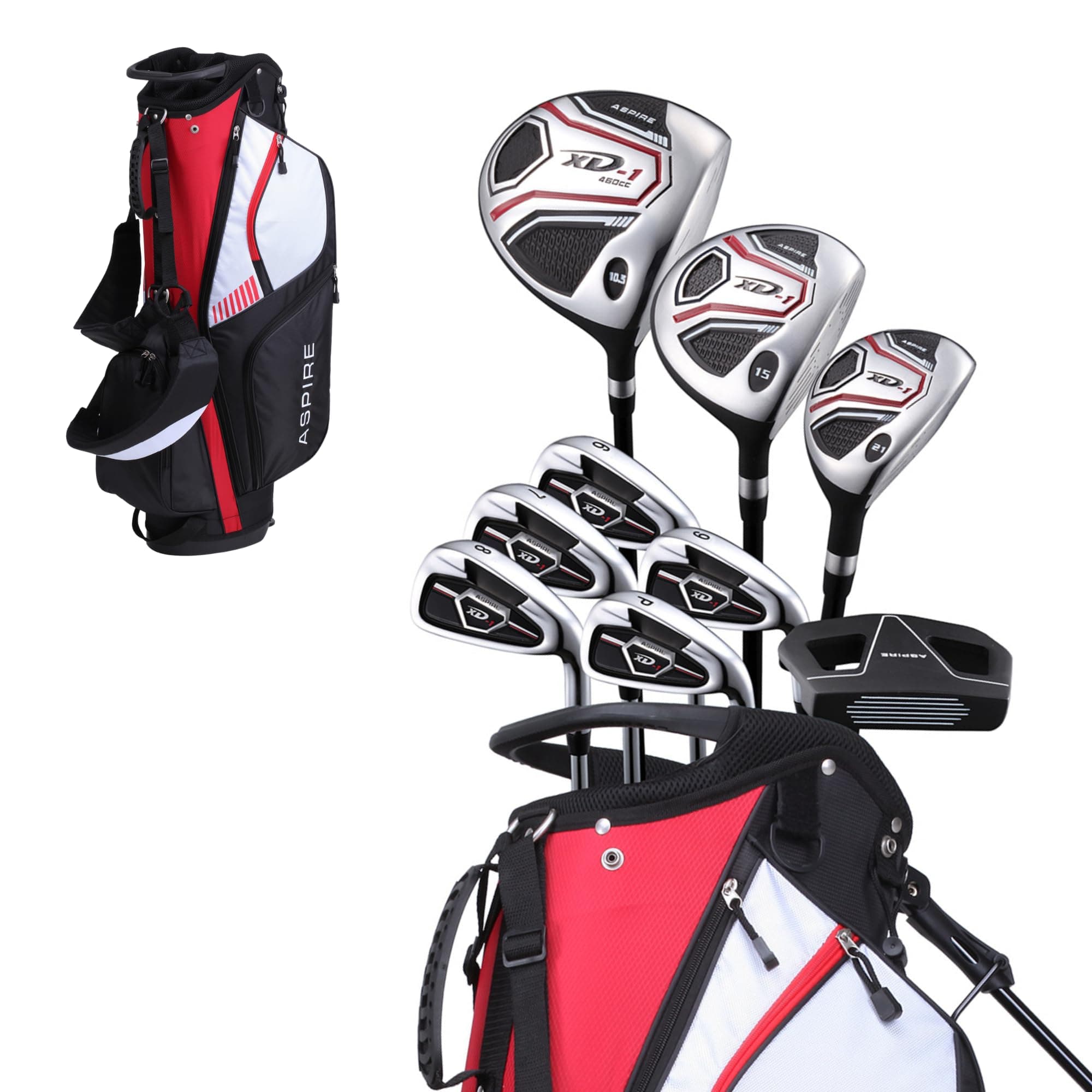 - XD1 Men’s 14-Piece Golf Set – 460cc Titanium Driver, Wood, Hybrid, 6-PW Irons, Putter, Stand Bag, 3 Headcovers and Cover