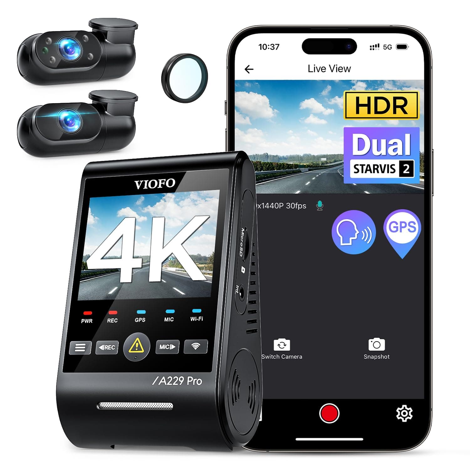 A229 Pro 3 Channel 4K HDR Dash Cam, Dual STARVIS 2 Sensors IMX678 & IMX675, 4K+2K+1080P Front Inside and Rear Triple Car Camera, 5GHz WiFi GPS, Voice Control, 24H Parking Mode