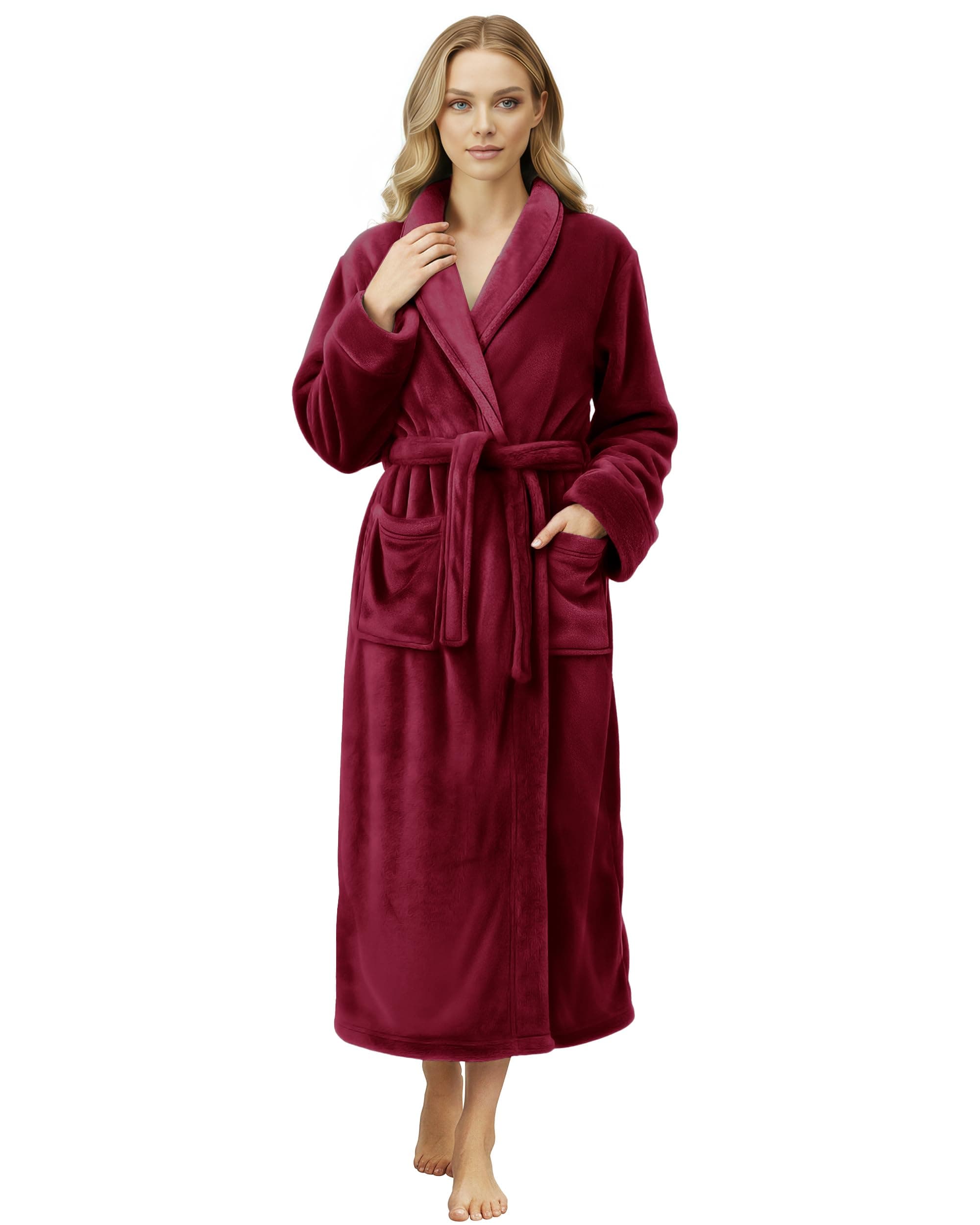 Women's Fleece Shawl Collar Bathrobe Plush Long Spa Robe, Medium