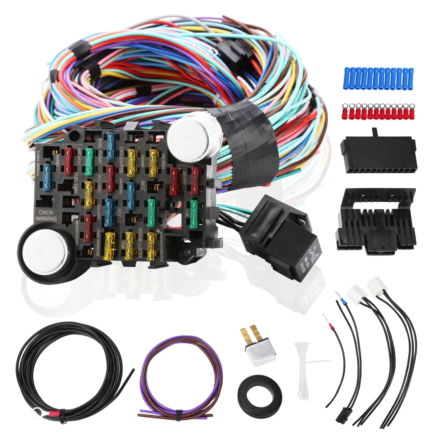 NIHAO 21 Circuit Wiring Harness Kit, Universal Extra Long Wire Harness Compatible with Ford Chevy Chrysler Mopar Hotrods Ratrods