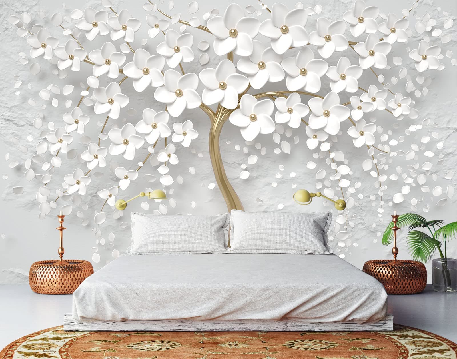 Bormia 3D Flower Tree Wall Mural with Gold Tree Body Floral Wallpaper Wall Decals for Living Room Bedroom Kids Room Motif Shop