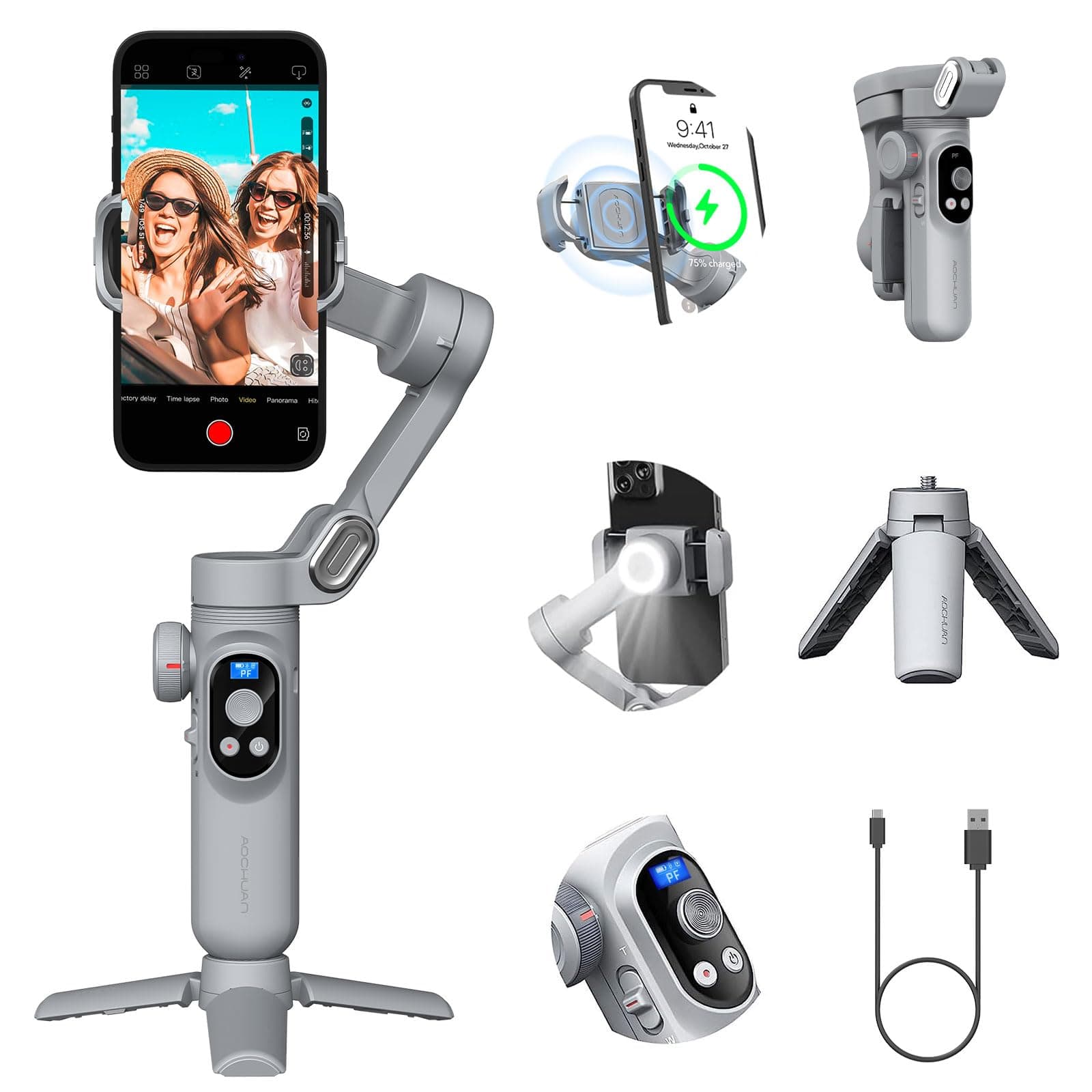 AOCHUAN Smart X Smartphone Gimbal Stabilizer, Handheld 3-Axis Phone Gimbal with LED Fill Light, Portable and Foldable Stabilizer, Vlogging TikTok YouTube Face Tracking for iPhone and Android