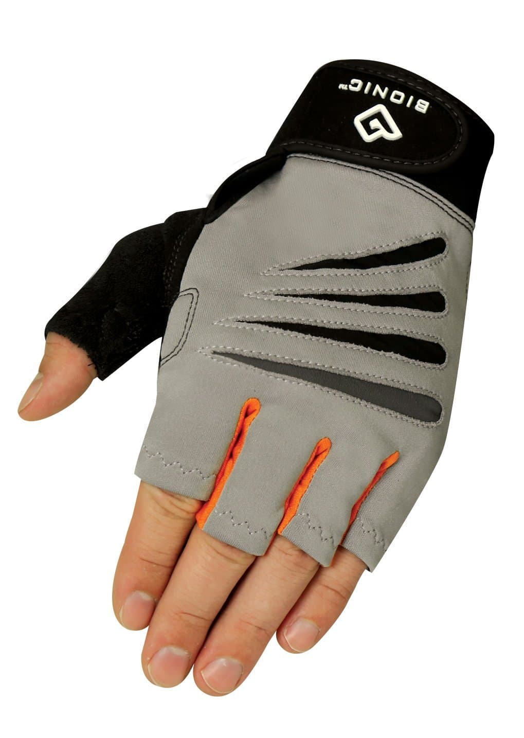 Bionic Glove Men's Cross-Training Fingerless Gloves w/Natural Fit Technology, Gray/Orange (Pair)