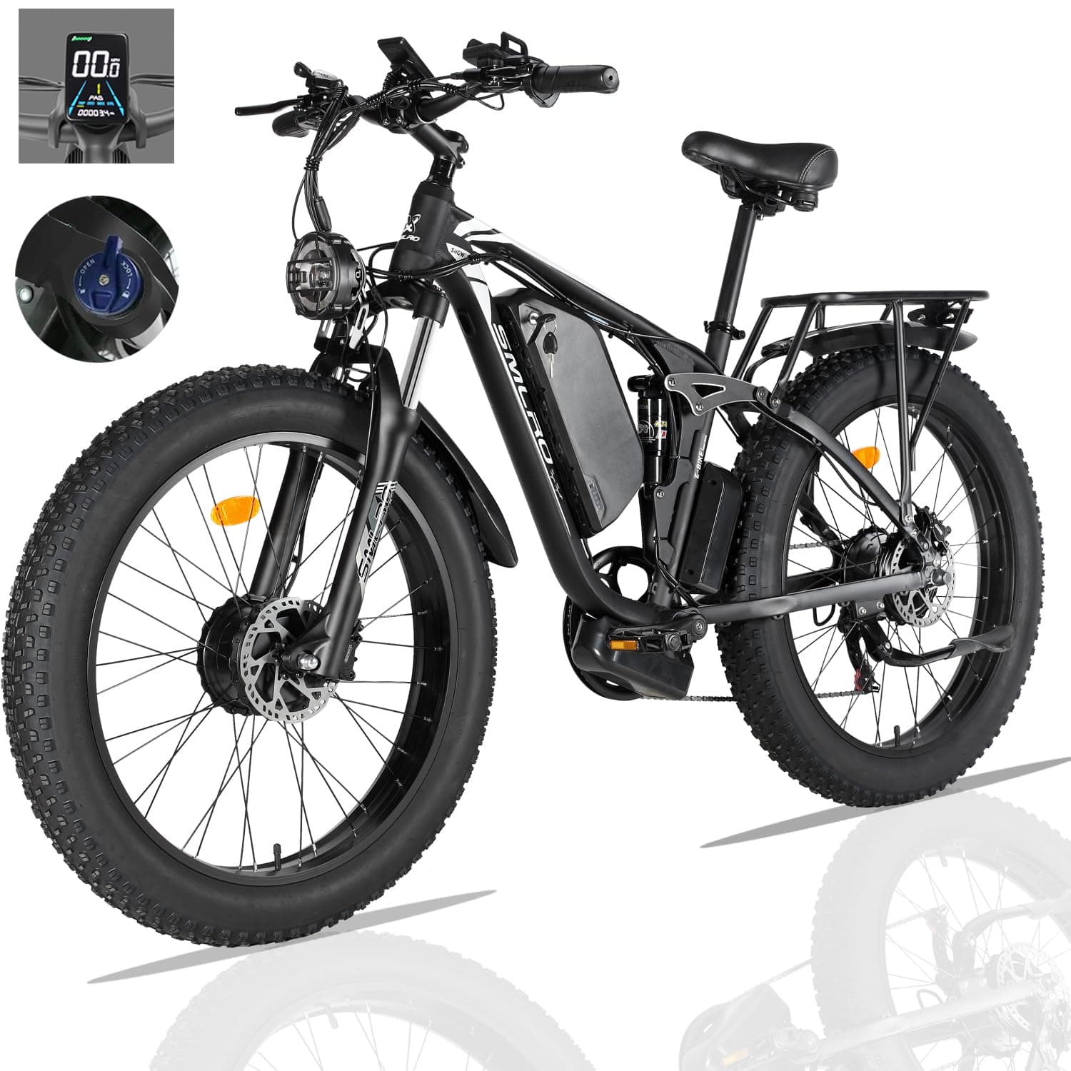 (US in Stock) SMLRO V3 Plus Dual Motors MTB with Rear Shock Absorber, 22.4AH 2000W 26" Fat Tire Electric Bike 35MPH, Mountain E-Bike Suspension Electric Bicycle Ebikes for Adults