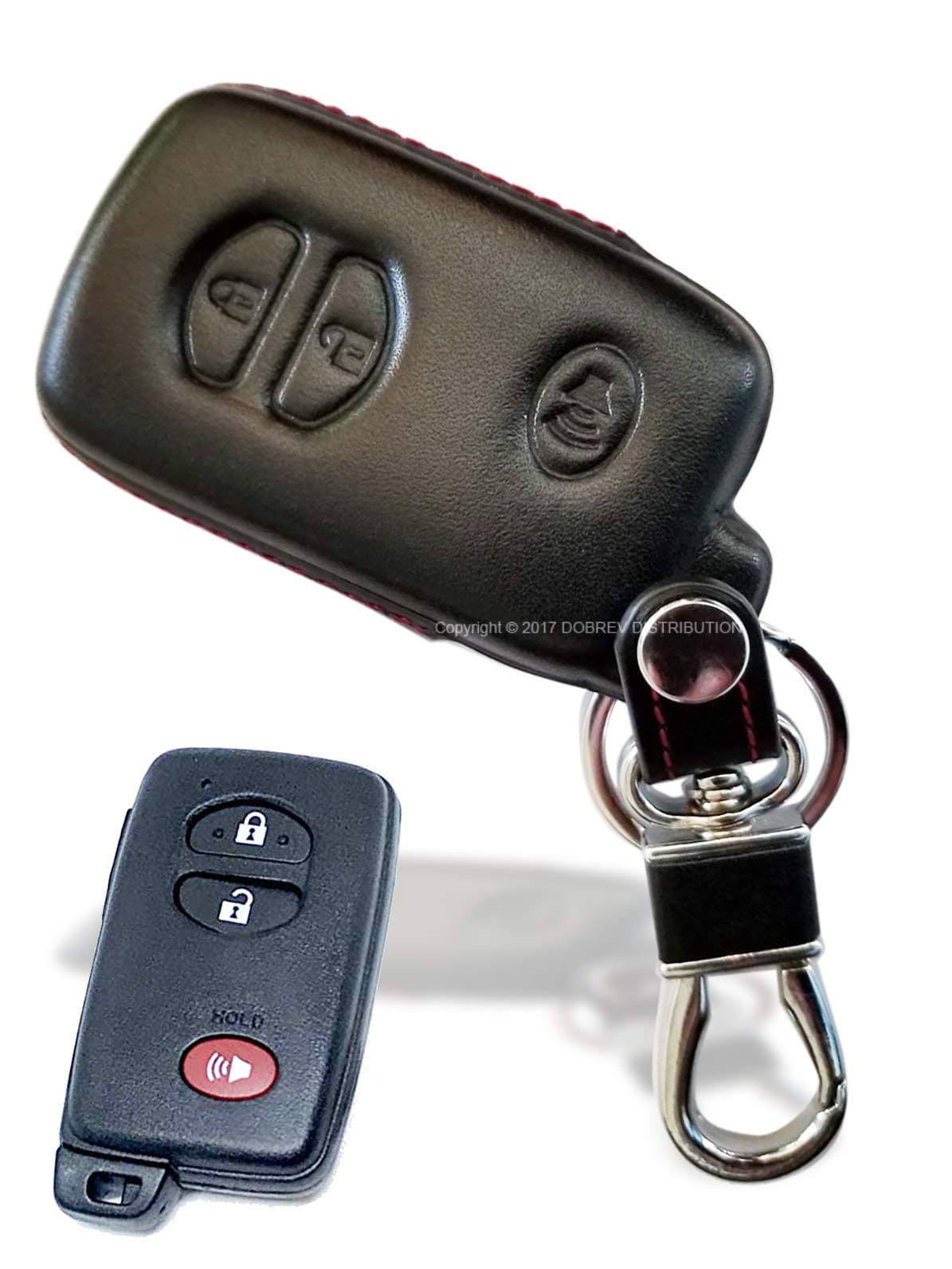 DOBREV 3 Button Genuine Leather Protector Fob Cover Holder Protector Case Key Chain for TOYOTA Rav4 Prius Highlander Land cruiser Sequoia 4Runner Venza Camry Avalon Prado (black leather)