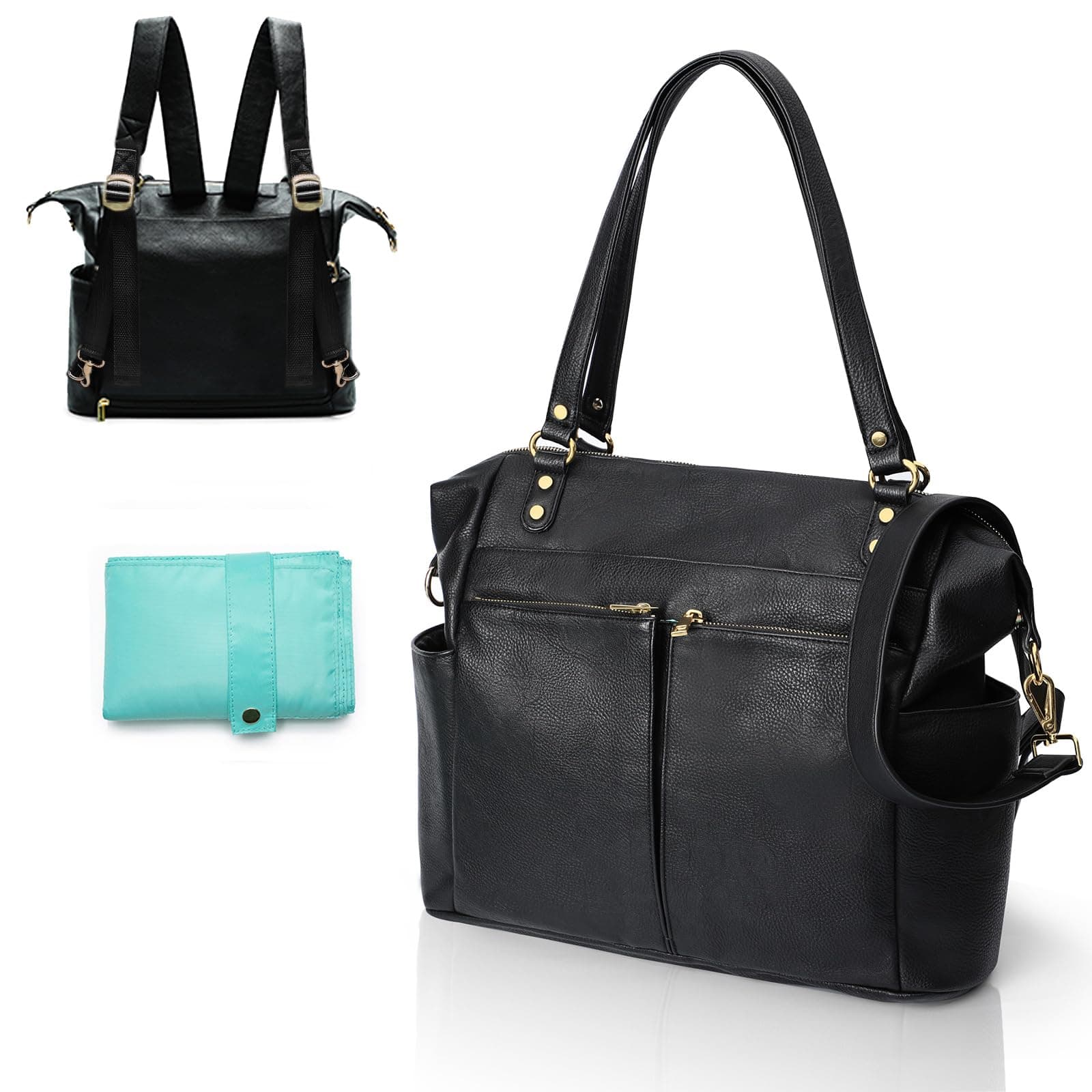 MOMINSIDE Diaper Bag Tote, Leather Diaper Bag Backpack with 13 Pockets, Convertible Baby Bag for Boys Girls, Baby Registry, Changing Pad, Large 4 Insulated Pockets(Black)