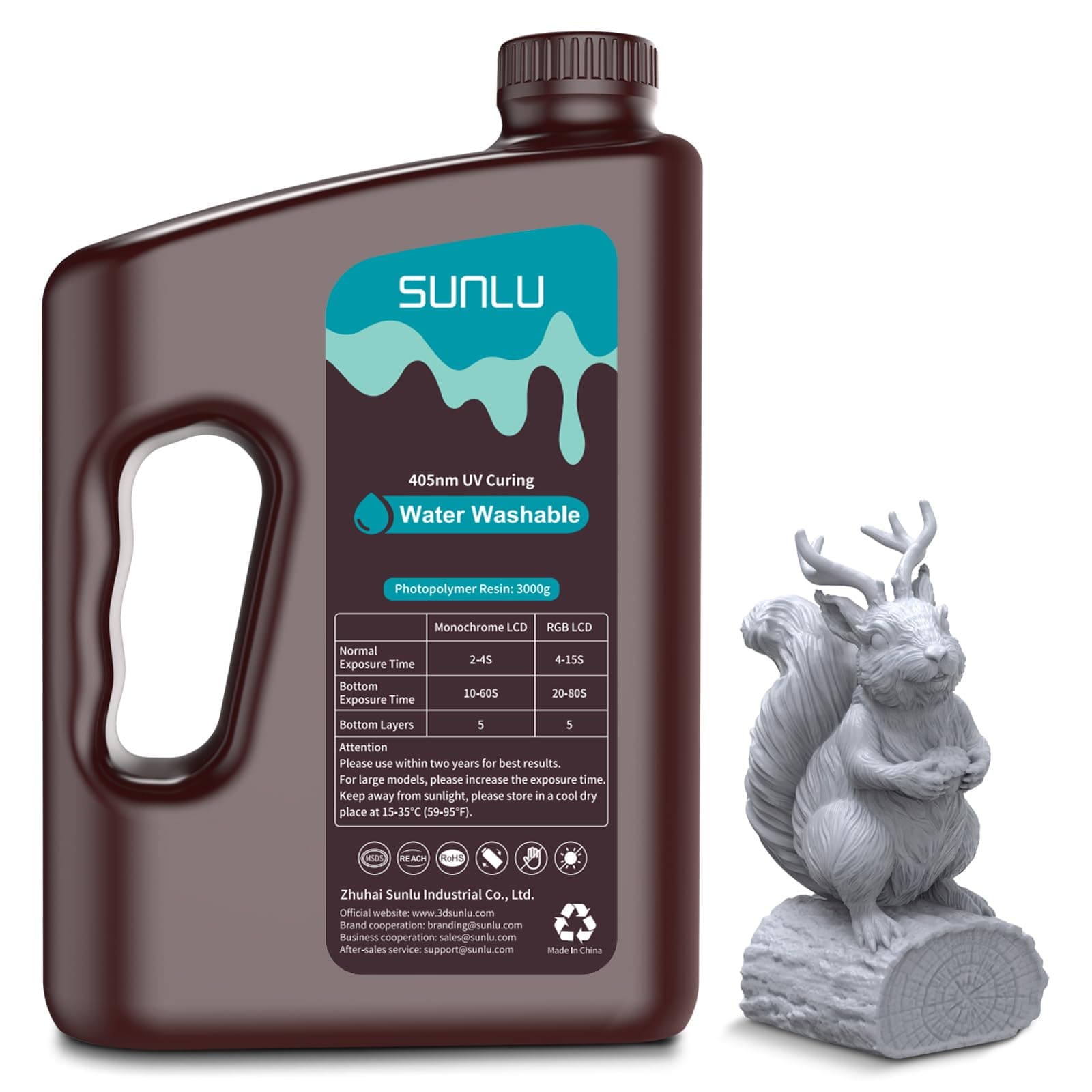 SUNLU 3kg Water Washable 3D Printer Resin, Fast Curing Low Shrinkage, High Precision Photopolymer Resin for LCD/DLP/SLA Printers,395 to 405nm UV Resin, 3000g Grey