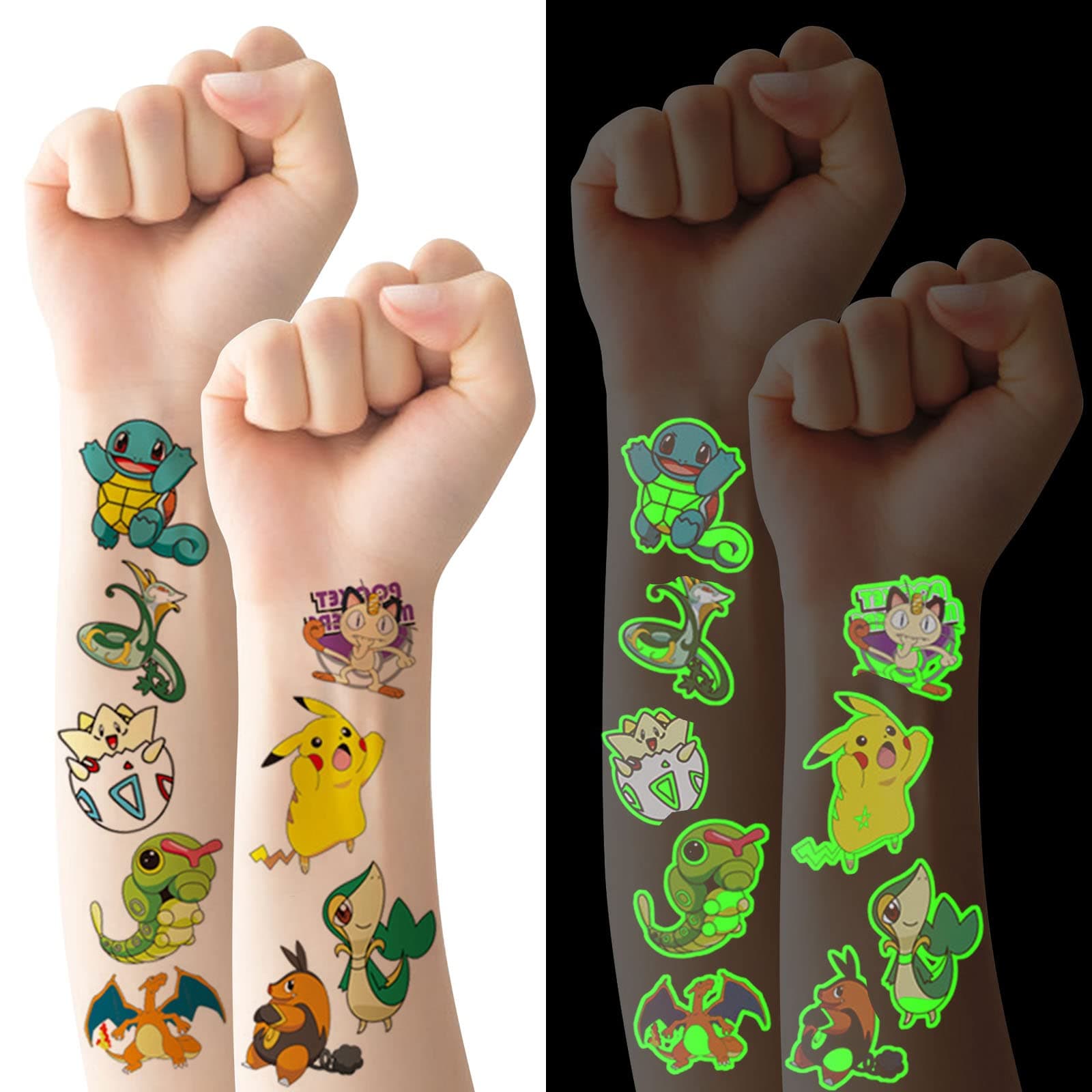ACWOO Temporary Tattoo for Kids, 6 Sheets Glow In The Dark Cartoon Pika Tattoo Stickers, Waterproof Luminous Fake Tattoo Stickers Set for Boys Girls Birthday Gift Party Bag Filler