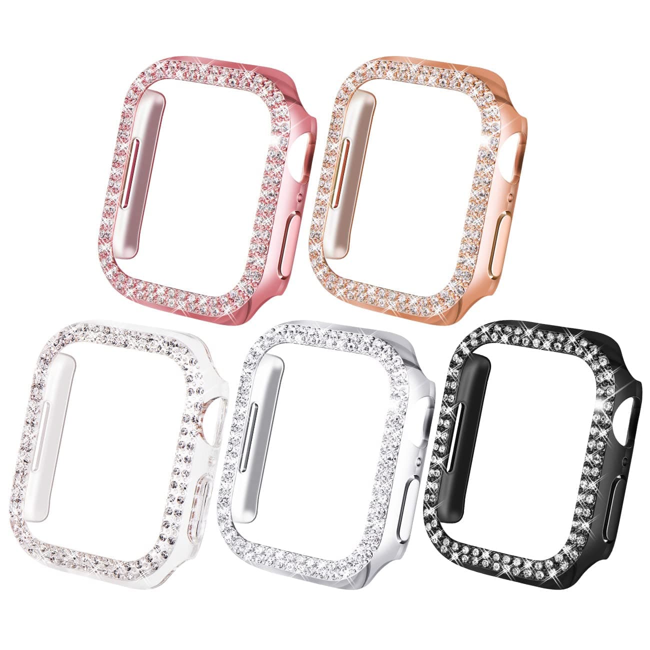 NewWays 5-Pack Bling Cases Compatible for Apple Watch 40mm Series 4 5 6 SE, Sparkling Diamonds Glitter Crystal Rhinestone Protective Bumper for iWatch (40mm, Black/Pink/Rose Gold/Silver/Clear)