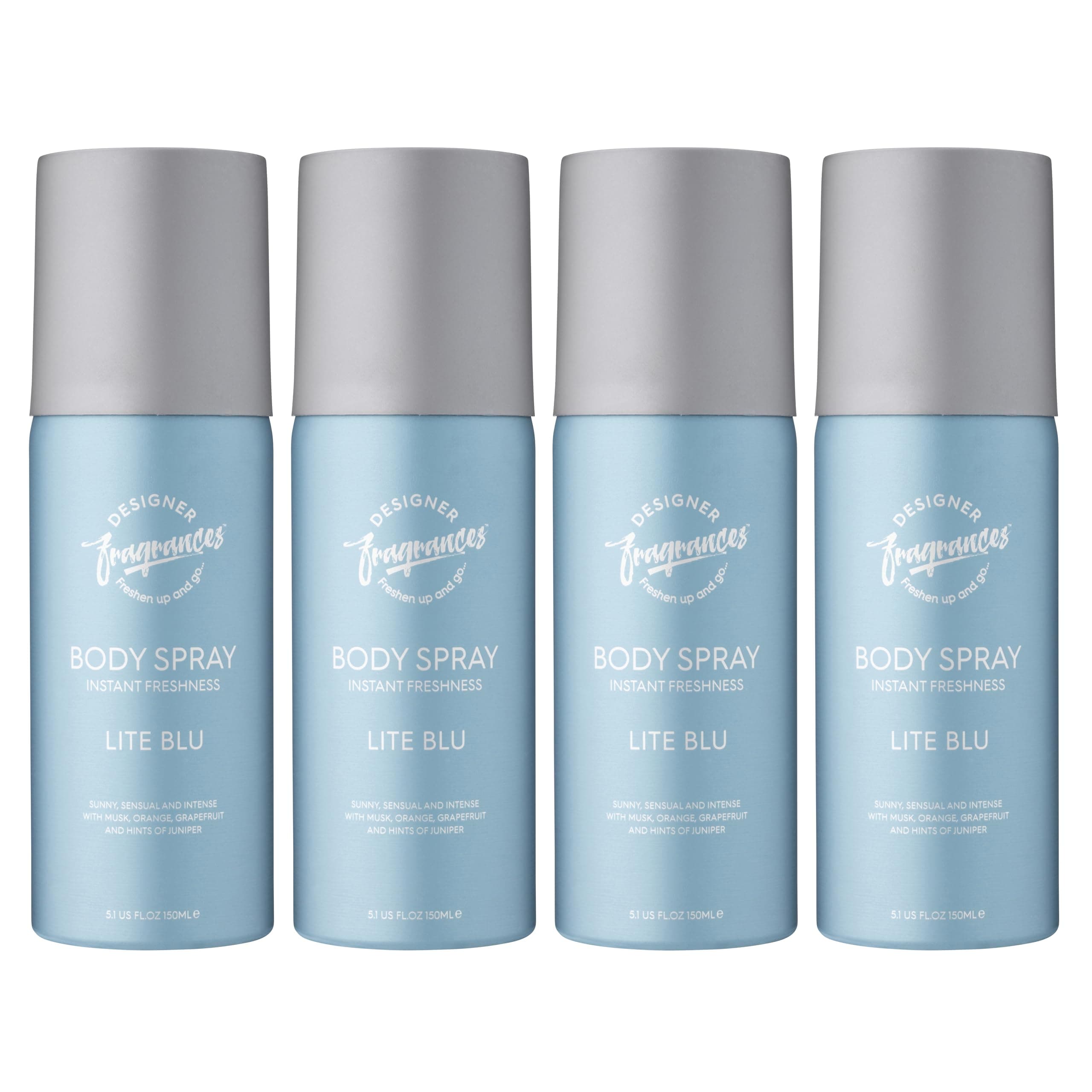 4 Pack Lite Blue Men's Body Spray Deodorant Cans - For Instant Freshness on The Go - Long Lasting Smell - Great Male Gift Sets- 150ml