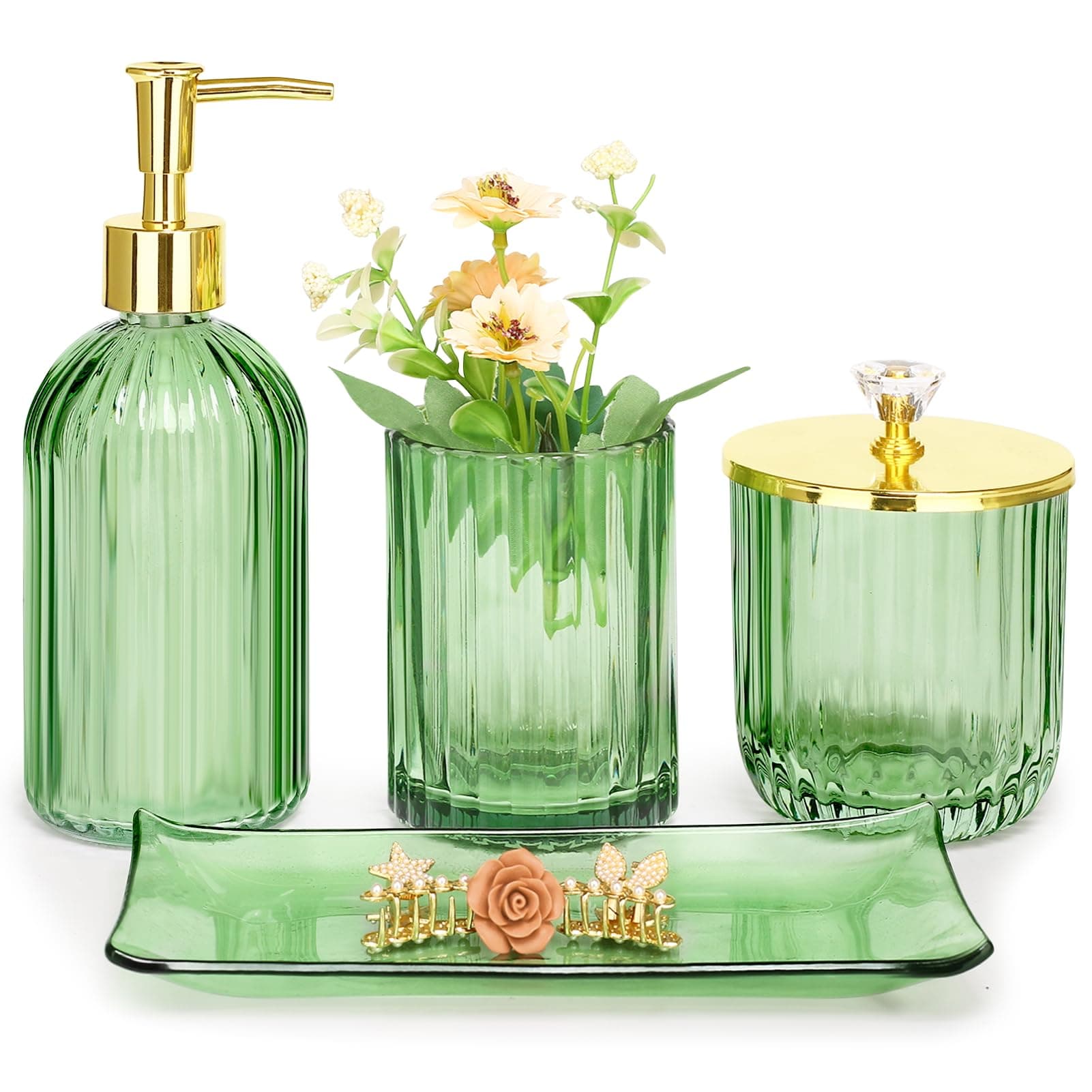 Bathroom Accessories Set, 4 Pcs Green Glass Bathroom Accessories Sets Complete w/Lotion Soap Dispenser, Toothbrush Holder, Apothecary Jar, Vanity Tray, Bathroom Decor, Gift for Home Apartment