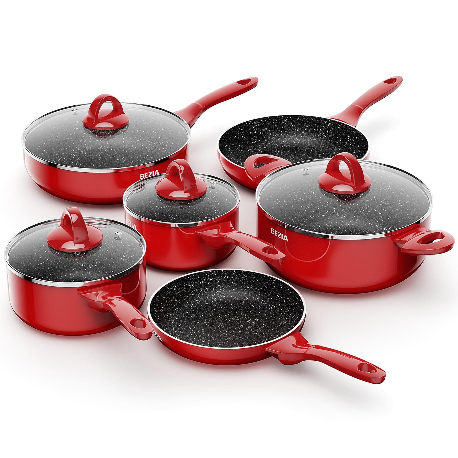 Induction Cookware Pots and Pans Set 10 Piece, BEZIA Dishwasher Safe Nonstick Cooking Pans, Stay-Cool Bakelite Handle, Scratch Resistant Kitchen Sets with Frying Pans, Saucepans & Stockpot (Red)