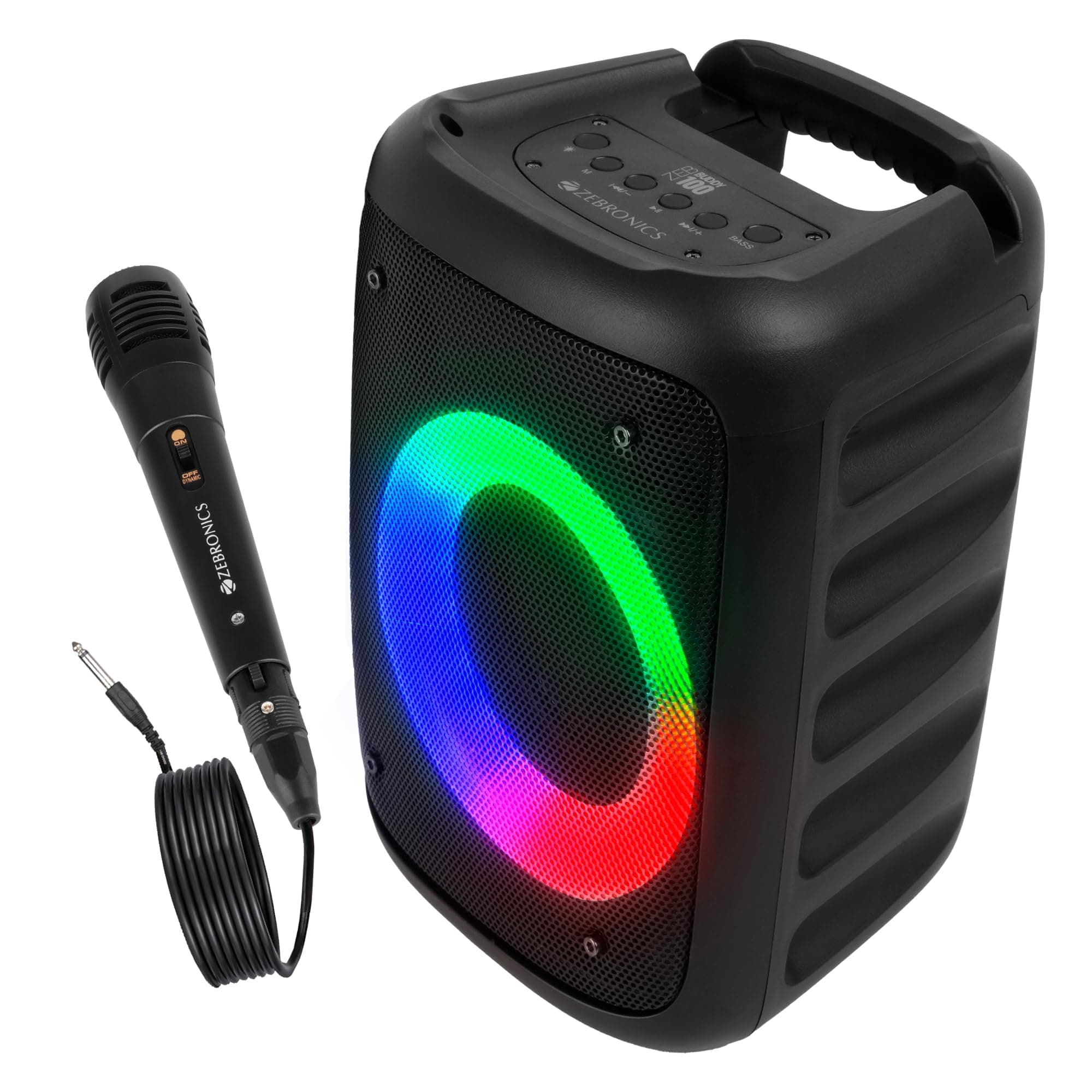 Zeb-Buddy 100 Portable BT v5.0 Speaker with TWS, 15W RMS, Wired mic Karaoke, 5H Backup, RGB LED, FM Radio, AUX, USB, Micro SD, Built in Rechargeable Battery and Mobile Holder, Black
