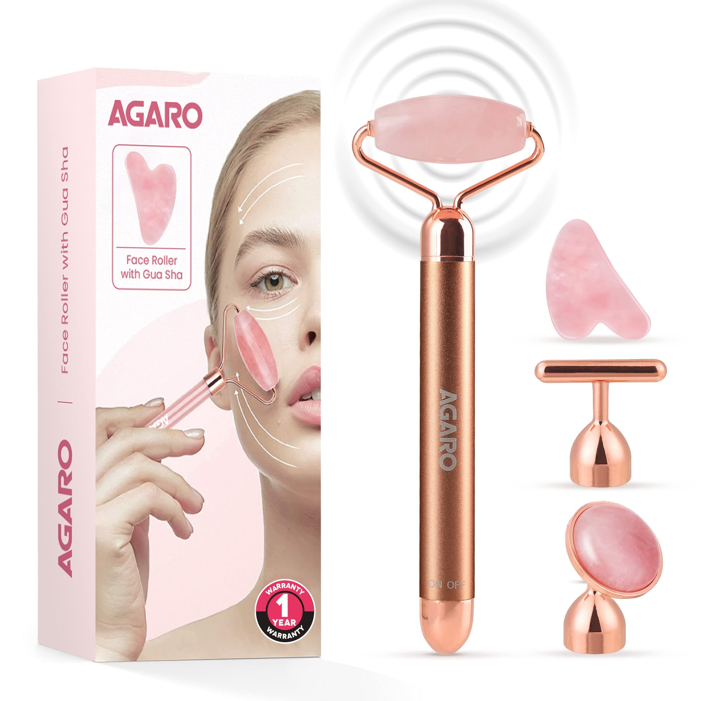 4-In-1 Electric Rose Quartz Face Roller With Gua Sha, Jade Roller, Facial Roller Kit for Face, Eye, Neck, Anti-Aging Facial Massager for Anti-Wrinkles, Skin Firming and Lifting (Rose Gold)