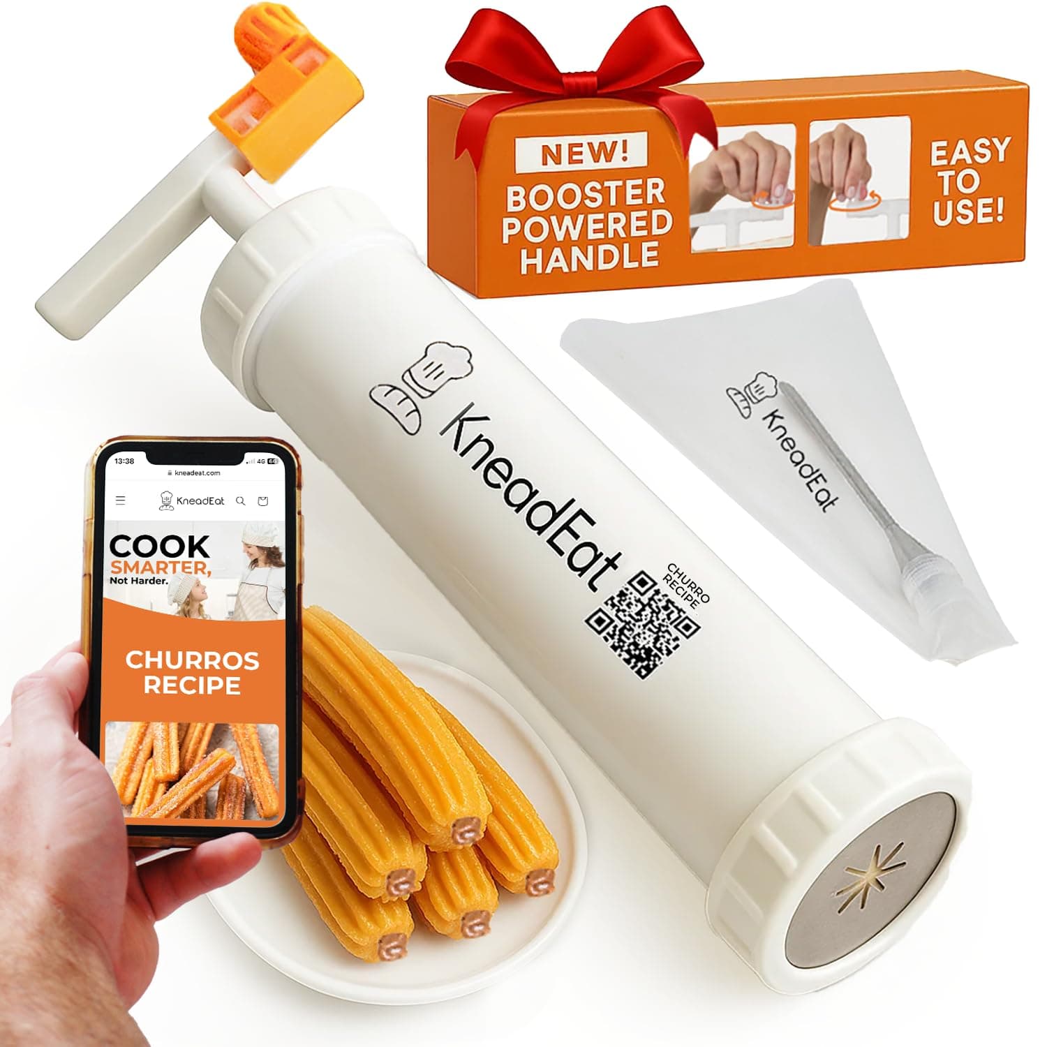 KneadEat Churro Maker Kit with Booster-powered Handle. Churrera and Piping Bag Churros Filler. Easy QR-Recipe to Prepare and Fill Your Own Churros at Home - KneadEat Cookie press - Churro press.