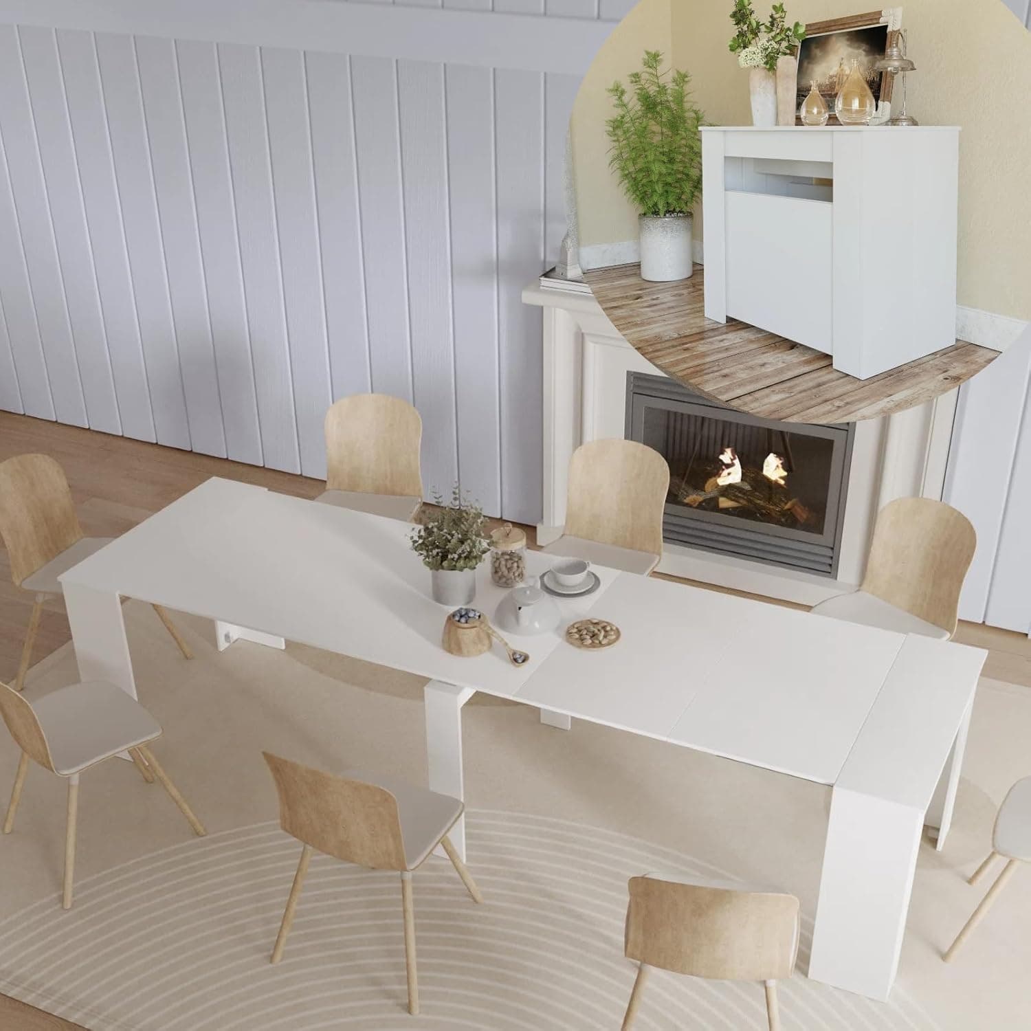 WERSMT Large Dining Table for 8-10 People, 20"-118" Farmhouse Expandable Tables for Small Spaces, Wooden Rectangular Murphy Dining Table for Kitchen,White