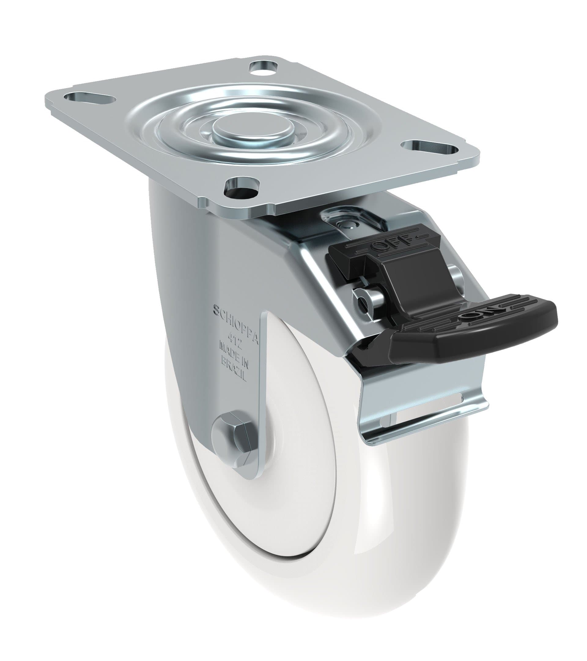 Schioppa GL 412 NTE G L12 Series 4" x 1-1/4" Diameter Swivel Caster with Total Lock Brake, Non-Marking Nylon Precision Ball Bearing Wheel, Plate 3-1/8" x 4-1/8" (Bolt Holes 3-1/8" x 2-1/4"), 375 lb