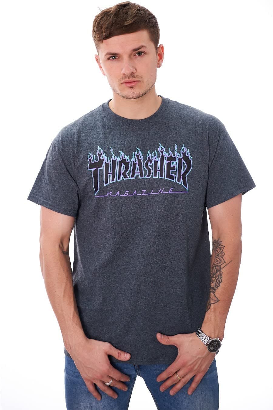 ThrasherFlame Short Sleeve T-Shirt, Dark Grey Heather/Blue, Medium