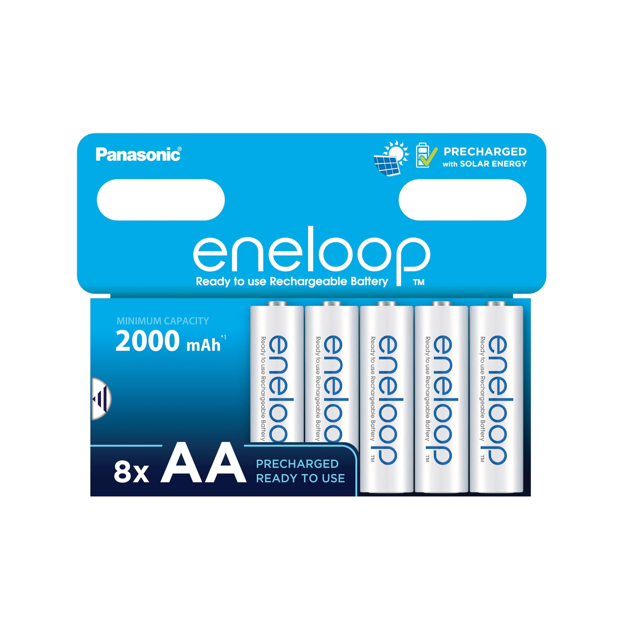 eneloop, AA/Mignon, Rechargeable Battery, Pack of 8, Capacity of 2000 mAh, Ready-to-Use Ni-MH Batteries, 2000 Recharge Cycles, Plastic Free Packaging, Standard, White