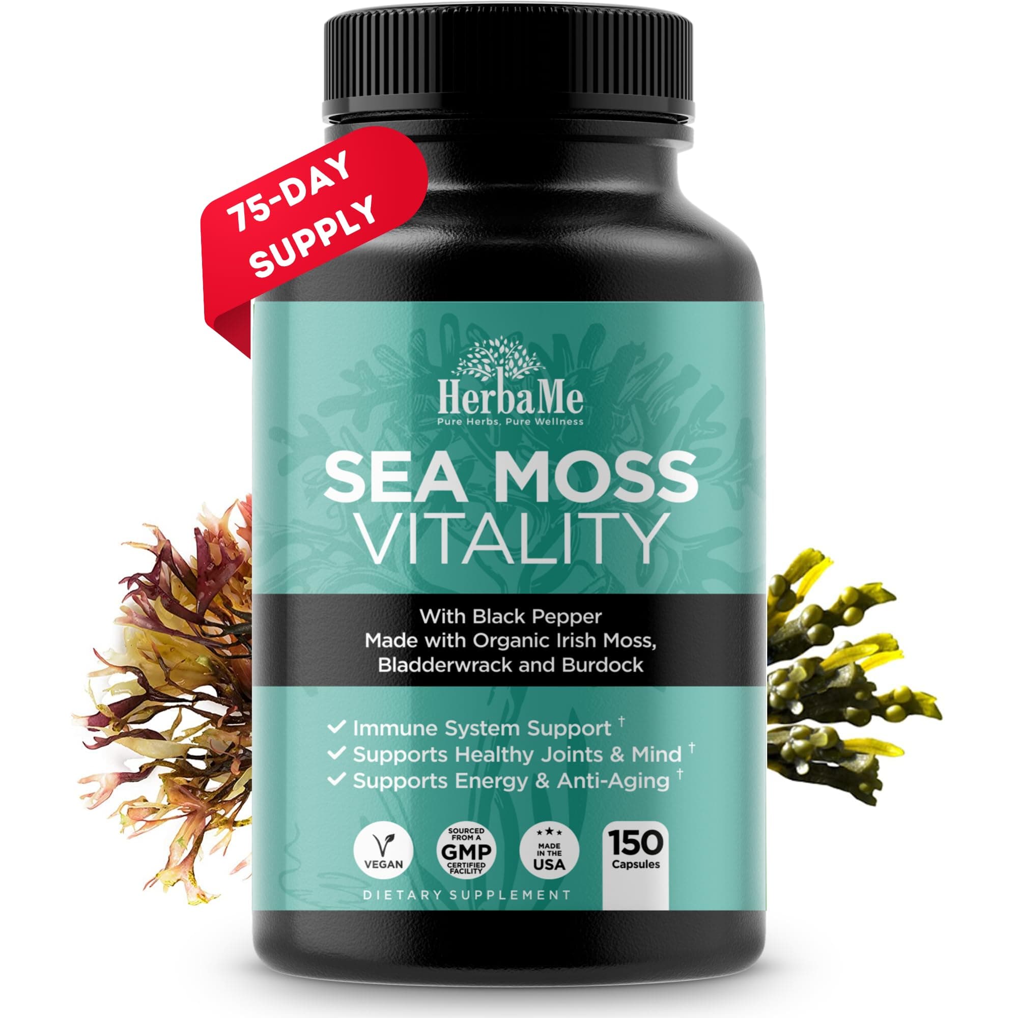 HerbaMe Organic Irish Sea Moss with Bladderwrack, Burdock Root & Black Pepper