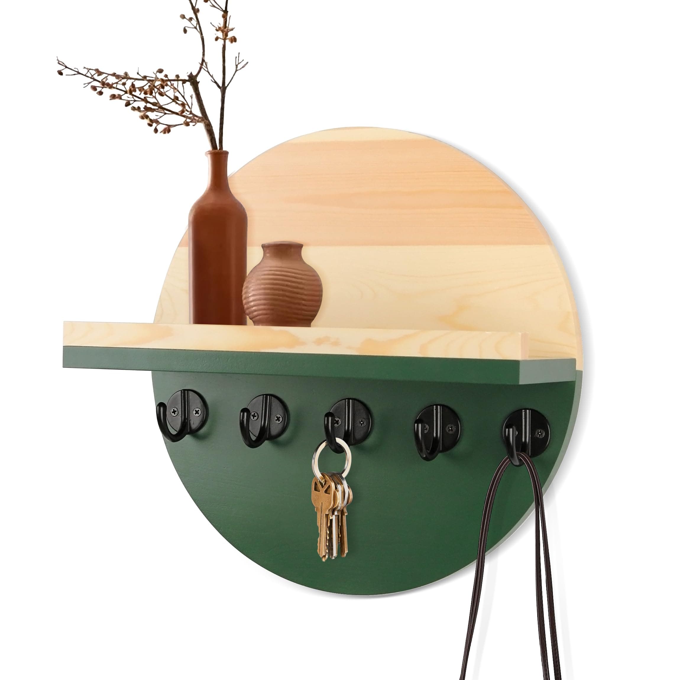 Key Holder for Wall with Shelf - Wood Mail Organizer and Rack with Shelf Hooks Wall Mounted for Entryway Decor Magazines Letter Storage Farmhouse Living Room Bedroom Doorway Green