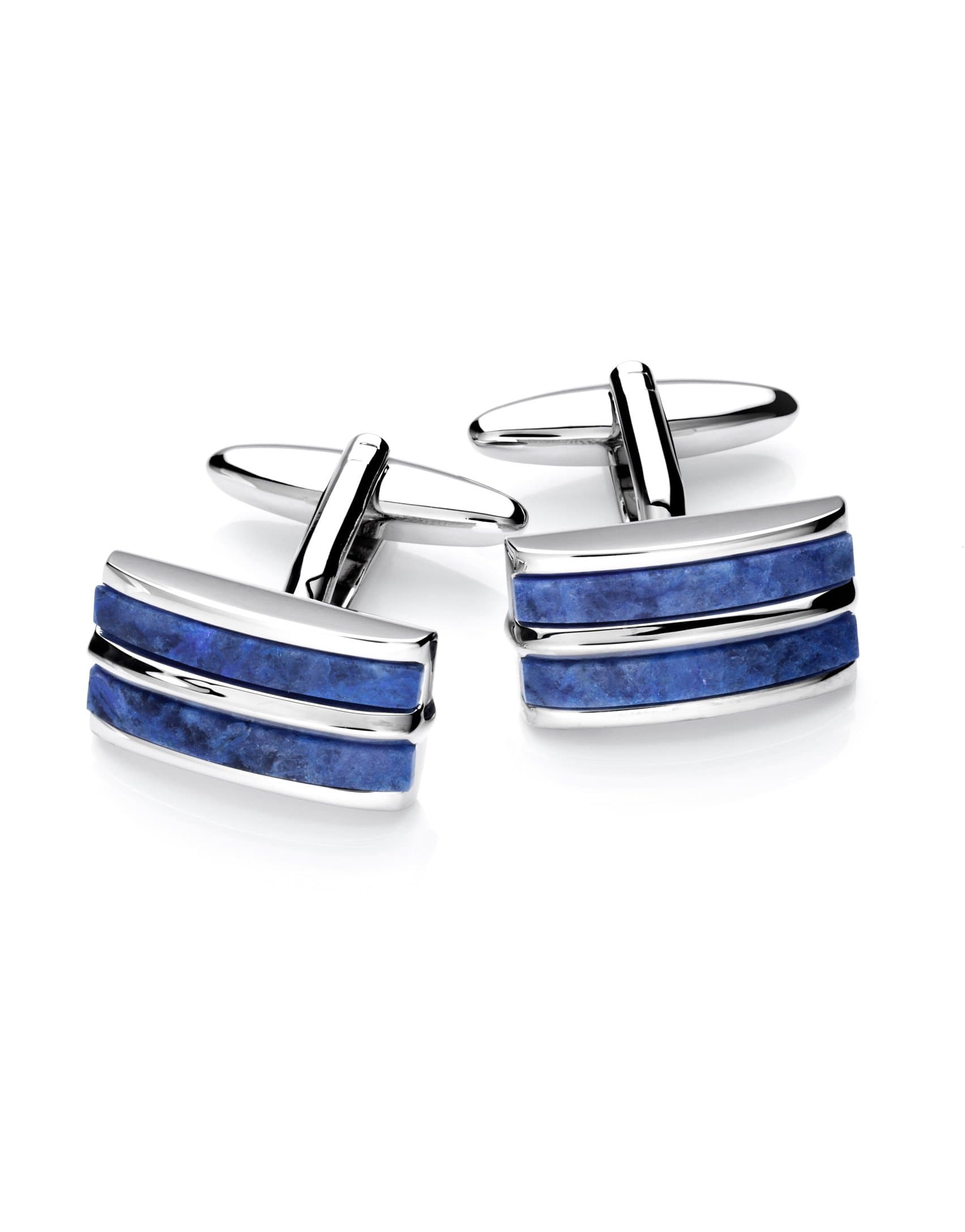 Vincenzo Boretti Men's Cuff-Links in Handy Box, Rectangular Design with Sodalite Gemstone-Inlay in Contrast Colour, Rhodium Plated - Silver/Blue