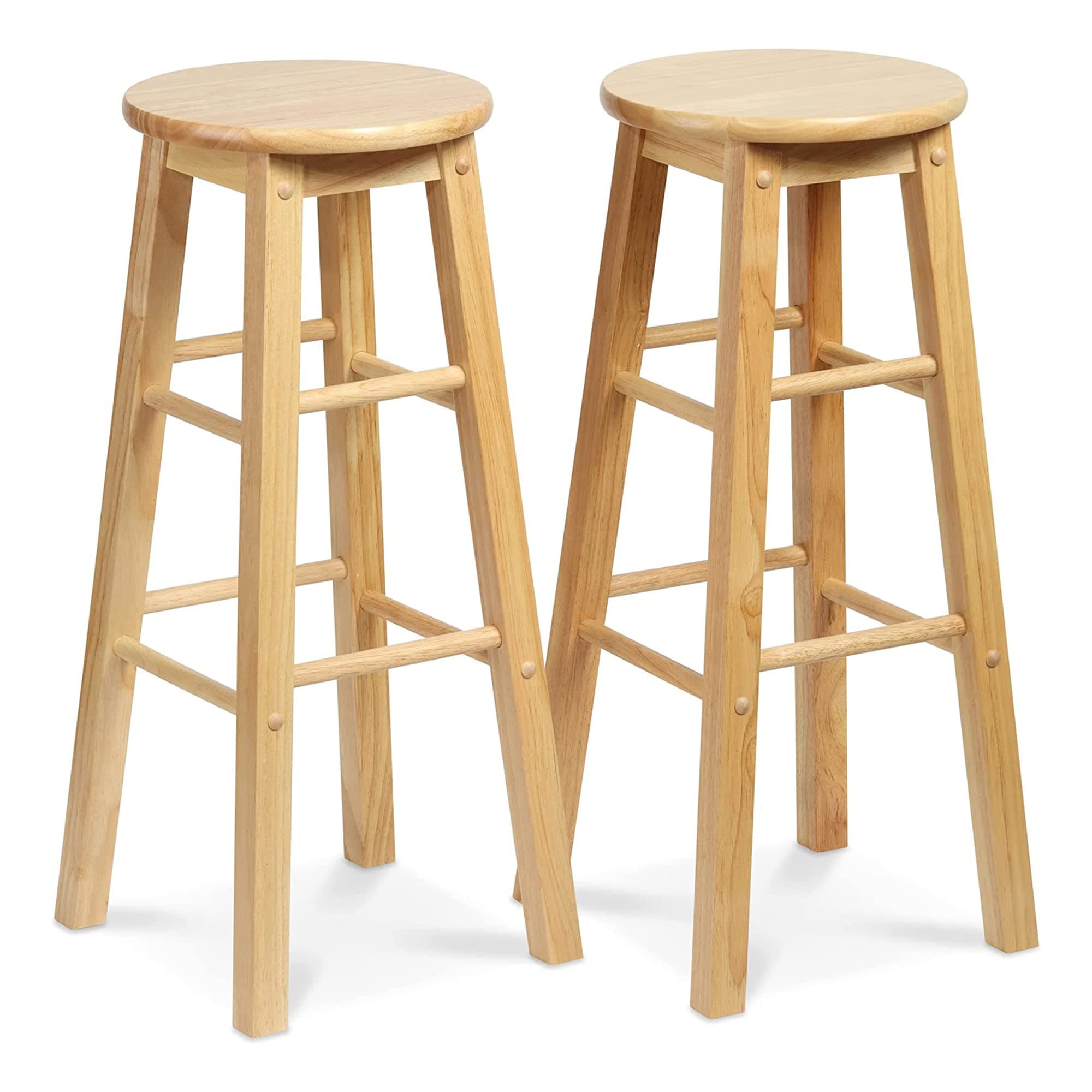 PJ Wood 29 Inch Tall Classic Round Seat Kitchen Counter Bar Stools 2 Pack with 4 Square Legs for Homes, Dining Spaces, and Bars, Natural