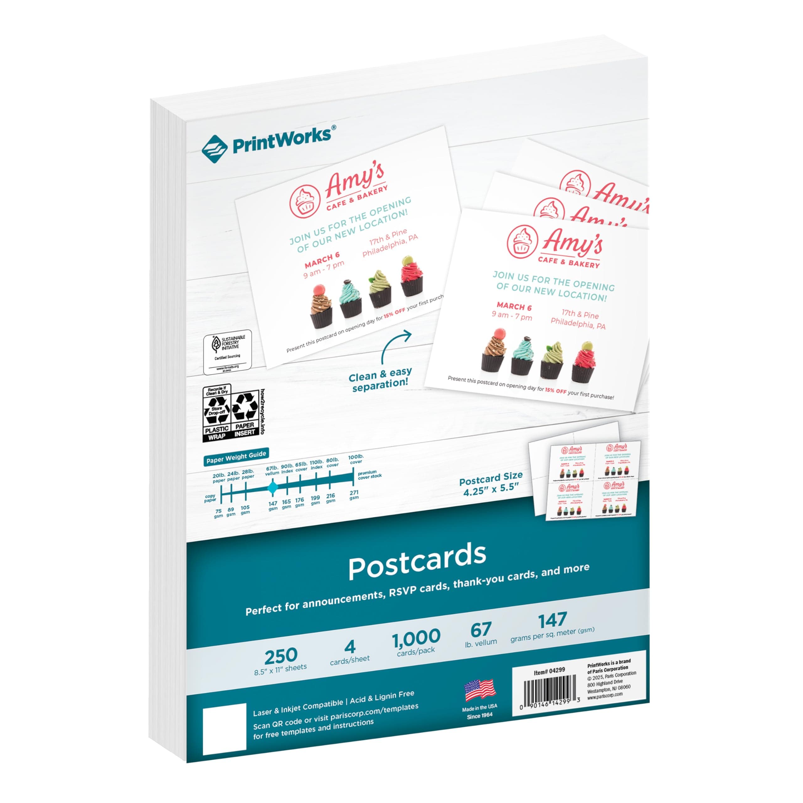 PrintWorks Blank Printable Postcards for Mailing & Printing - 1000 Cards (4.25" x 5.5" Post Card Size) - 4 per Sheet - 250 Sheets (8.5” x 11”) - Made in the USA - No Envelope Needed - White (04299)