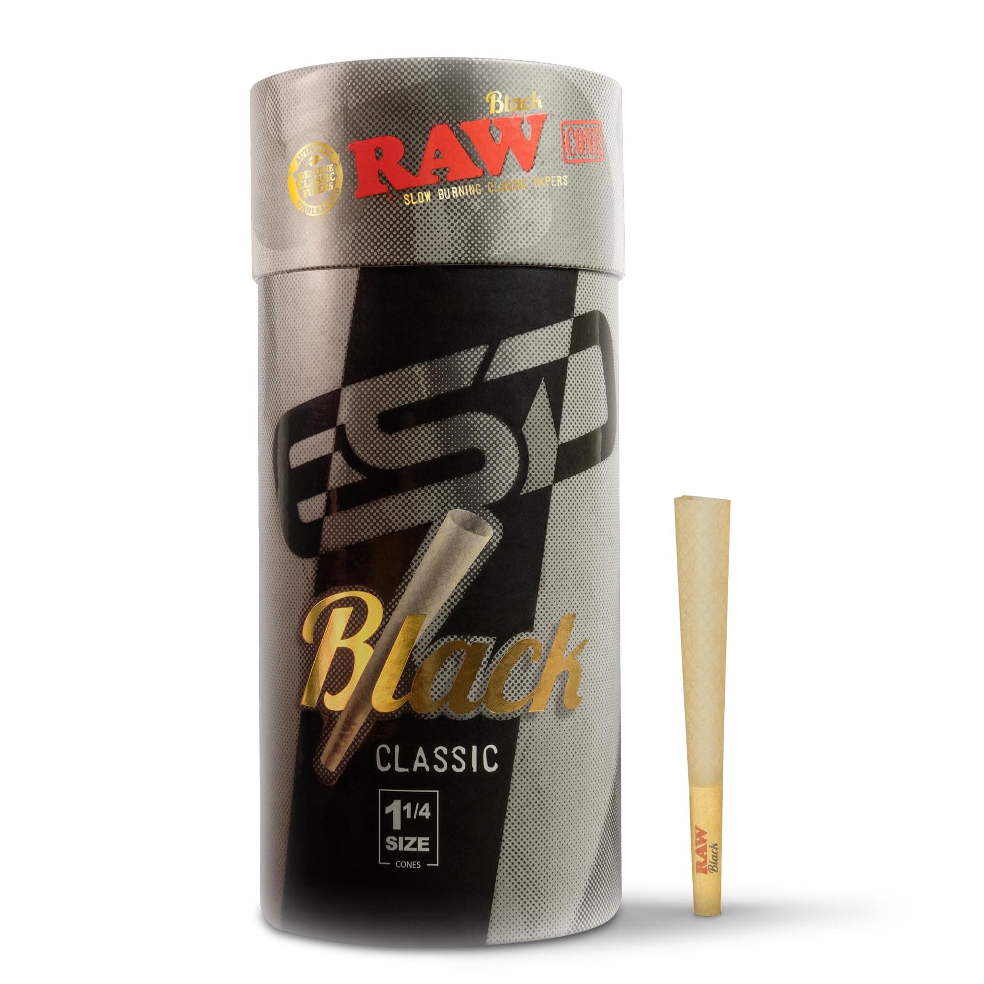Cones Classic Black 1-1/4 Size | 100 Pack | Slow Burning Pre Rolled Cones - Rolling Paper Pressed Extra Fine for Thin, Naturally Translucent Paper with Tips & Packing Tubes Included