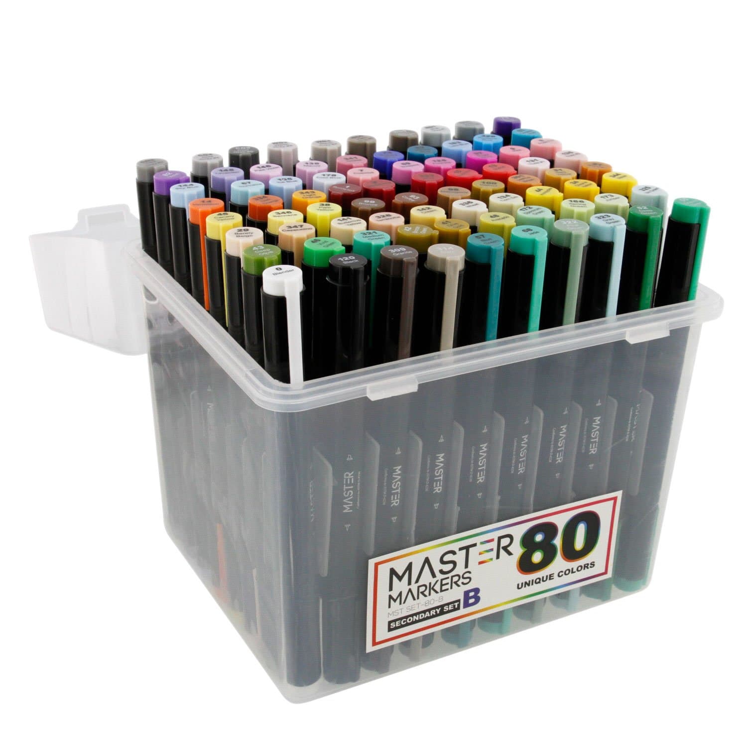 Master Markers 80 Color Deluxe Primary Set B Dual Tip Artist Illustration Marker Set - Chisel/Brush Tip, Rubber Comfort Grip and Plastic Carry Case