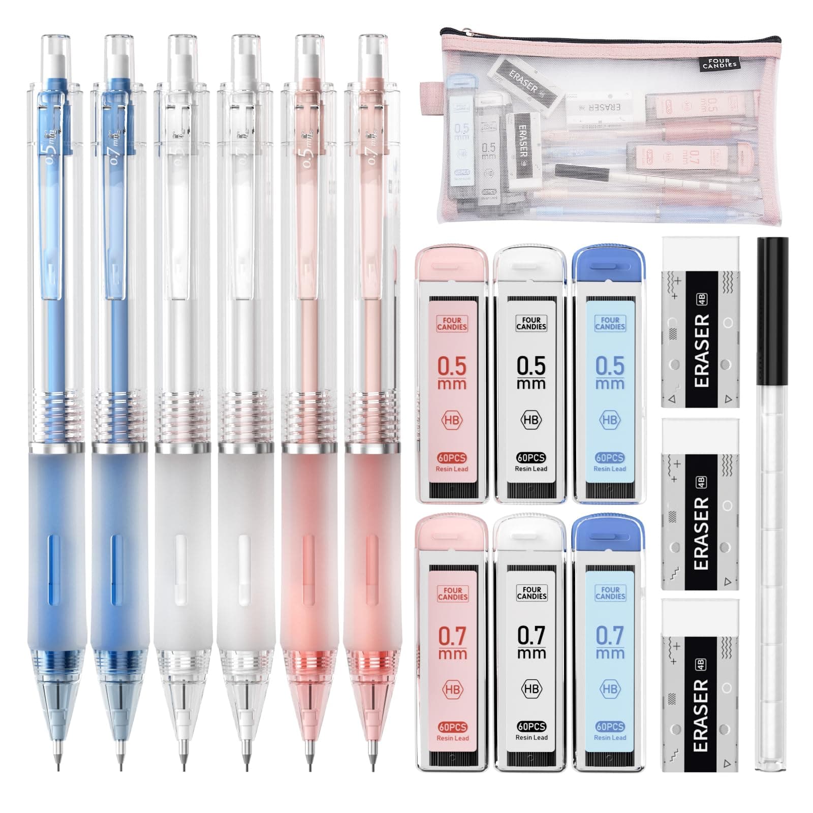 Four Candies Mechanical Pencil Set with Case, 6PCS Aesthetic Mechanical Pencils 0.5 & 0.7mm with 360PCS HB Lead Refills, 12PCS Erasers, Cute Mechanical Pencils for Writing, Drawing and Sketching