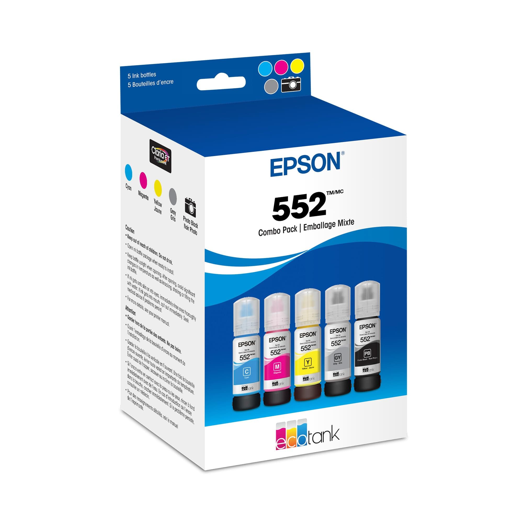 EPSON 552 EcoTank Ink Ultra-high Capacity Bottle Five Color Combo Pack (T552920-S) Works with ET-8500, 8550