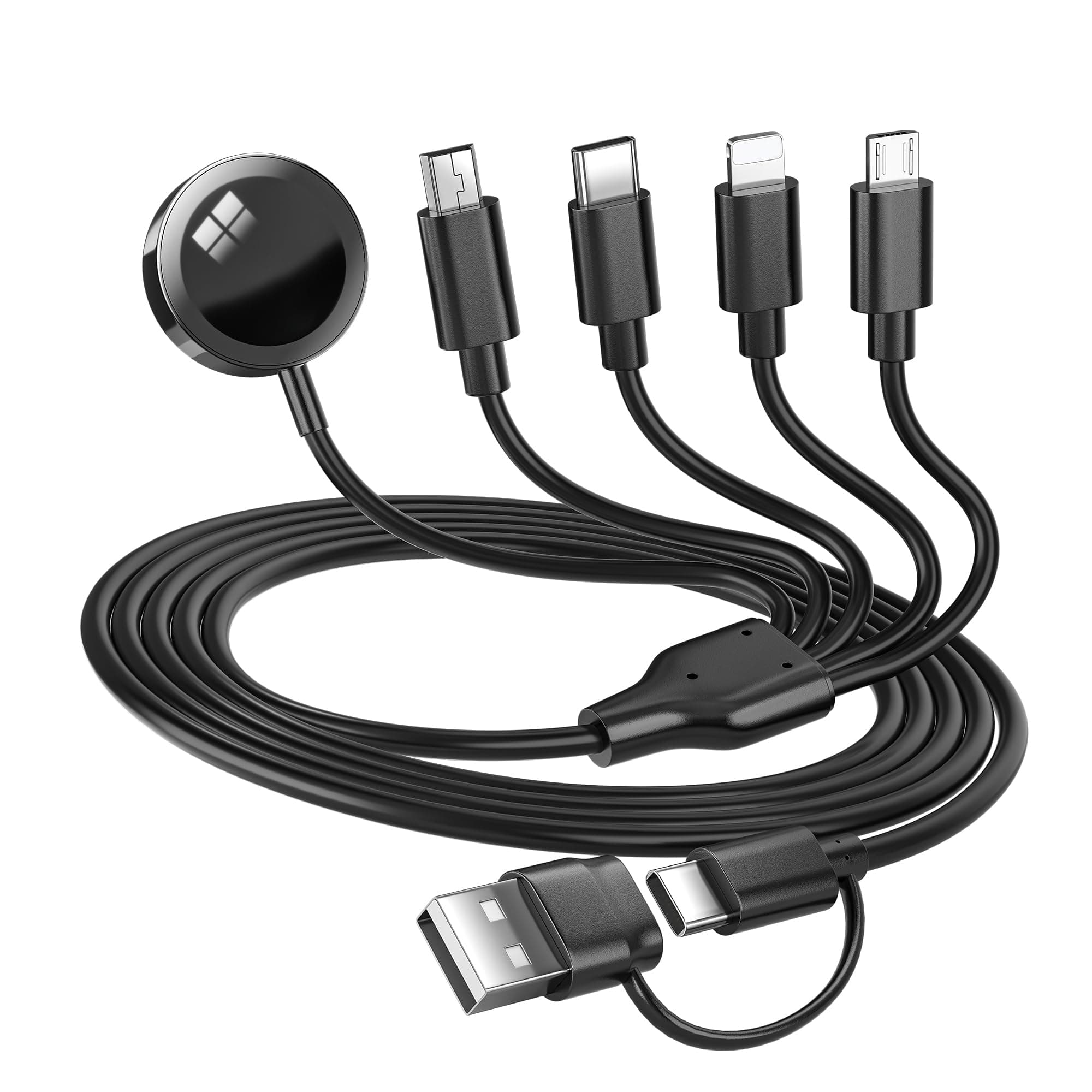 5-in-2 Multi Charging Cable for Apple Watch Charger: USB A/C Input, Lightning/Type C/Micro/Mini B/Wireless Output, Compatible with iPhone 15-13, iWatch 1-9, Galaxy S23-22, 4FT (Black)