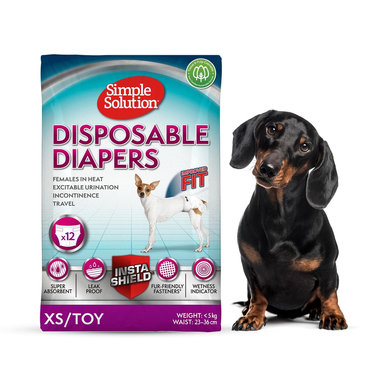 Simple Solution True Fit Disposable Dog Diapers for Female Dogs, Super Absorbent with Wetness Indicator, Leak Proof, Adjustable Fur Friendly Fasteners for Comfortable Fit
