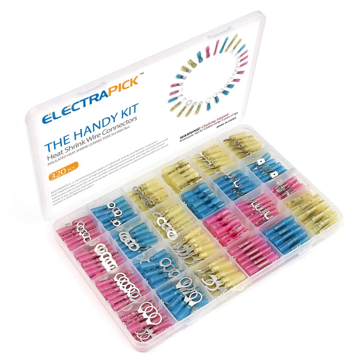 320 PCS Heat Shrink Wire Connectors, ELECTRAPICK Wire Connectors Crimp Terminals Kit, Waterproof Electrical Insulated Marine Automotive Butt Fork Ring Spade Connector Set, Red Blue Yellow 22 –10 AWG