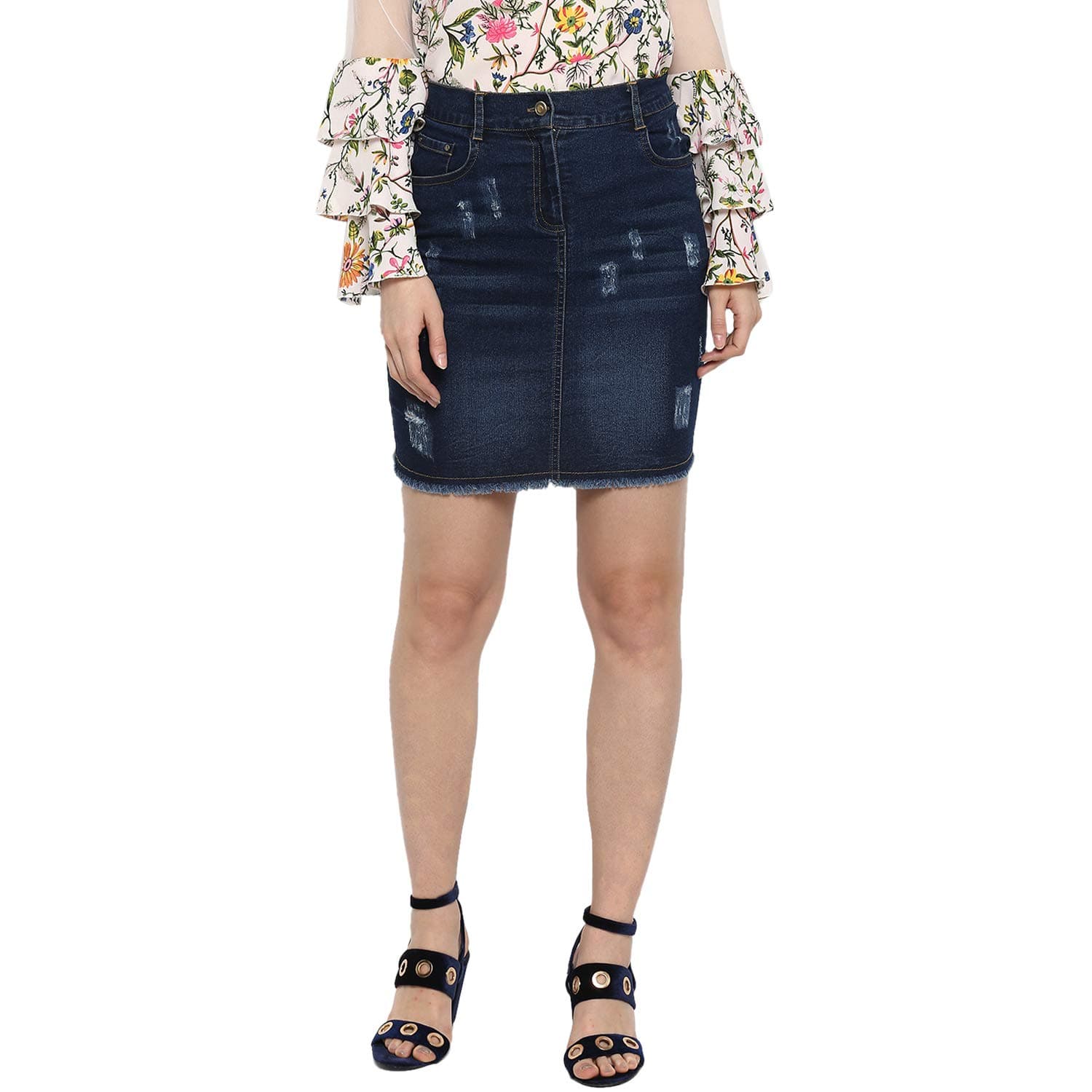 (3372ScratchSkrt Women's Distressed Denim Skirt