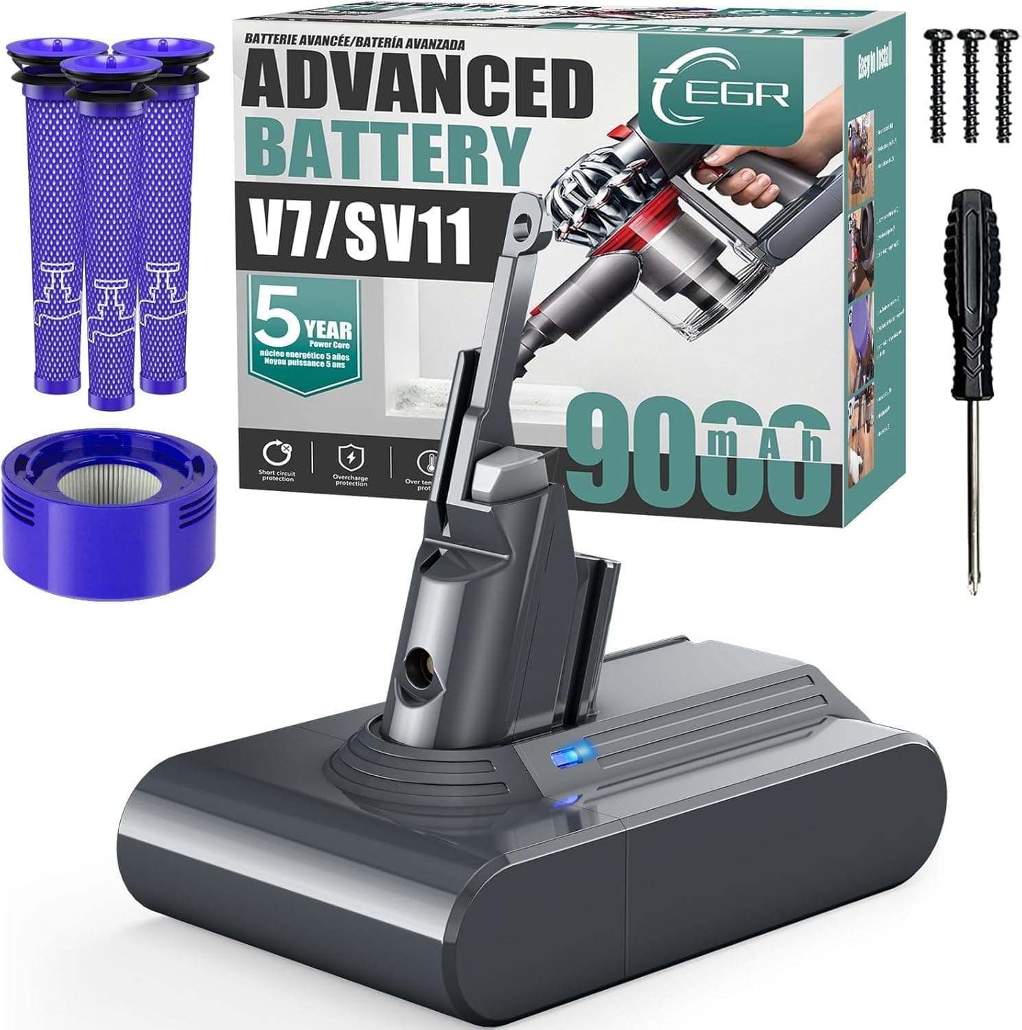 Advanced 9000mAh V7 Animal Battery Replacement Compatible with Dyson SV11 V7 Motorhead/Animal/Trigger/HEPA/Car+Boat/Absolute Handheld Vacuum Cleaners (Not Fit V6, V8, V10)