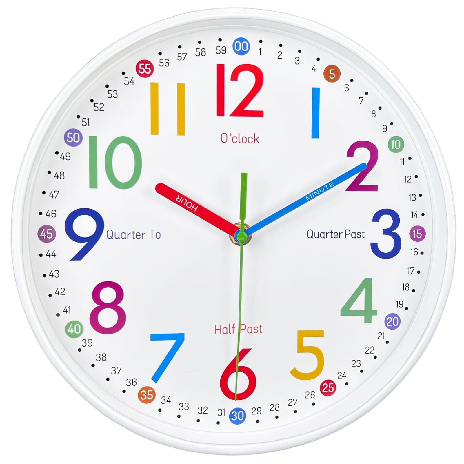 Azonee Learning Clock for Kids, 12 Inch Silent Clock, Colorful Wall Clock for Kids' Bedroom, Helps Kids Easier to Tell Time (White)