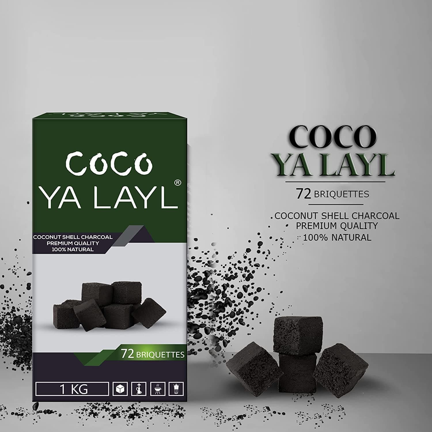 Ya Layl Coco Coconut Shell Charcoal 72 pcs - 100% Natural Coal Cubes for Shisha, Hookah, Bakhoor, Incense, BBQ - Long-Lasting, Low Smoke, Odorless Briquettes - No Taste, Chemicals or Additives