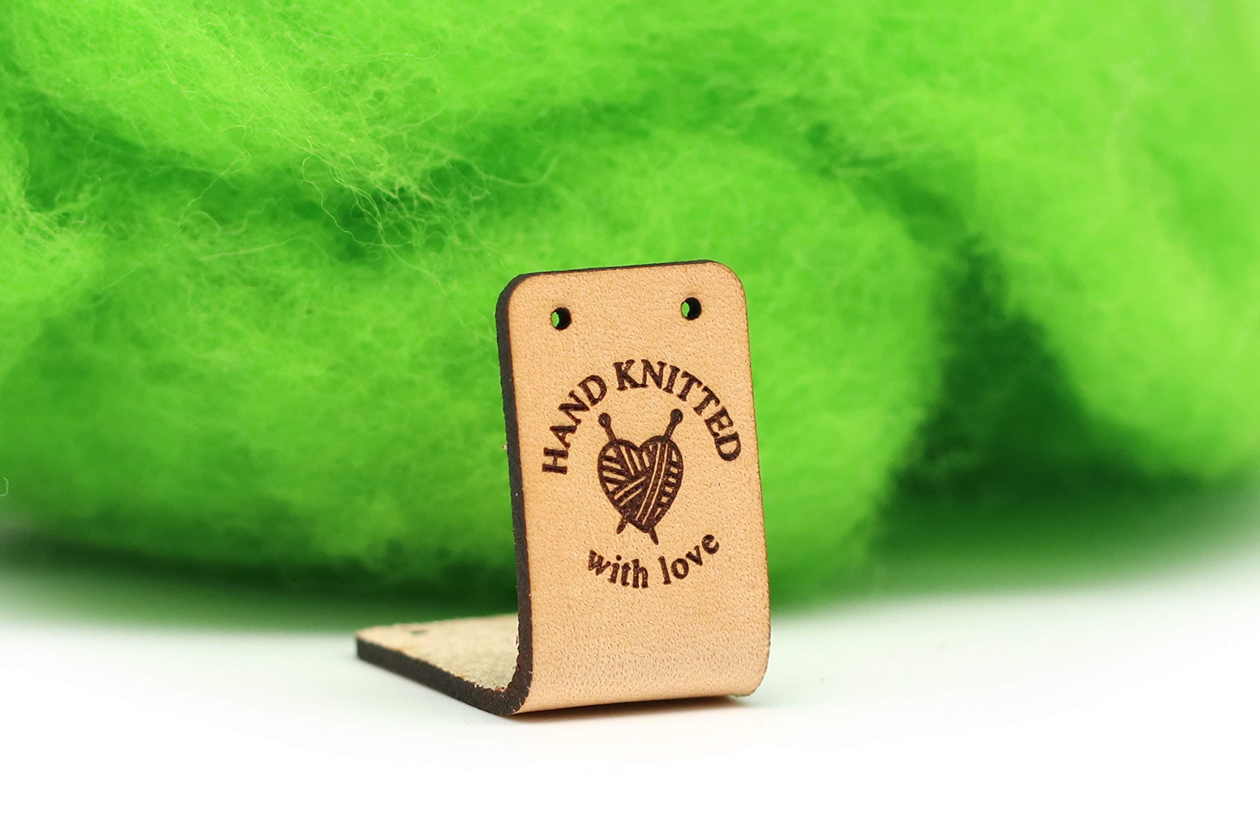 Folding Handmade Leather Labels O3"Hand Knitted with Love" - Exclusive Engraved Genuine Italian Leather Tags (Customized Text - 15 Pieces)