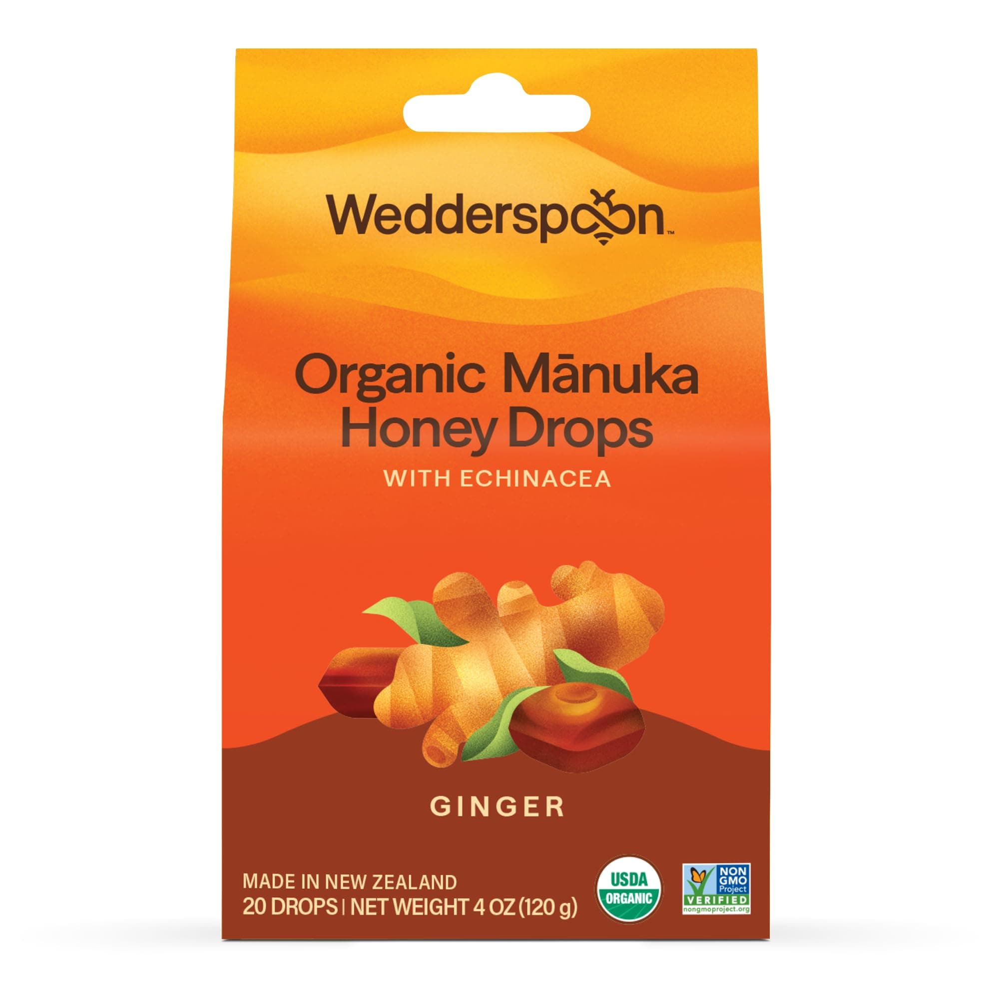 Organic Manuka Honey Drops, Ginger & Echinacea, 4 oz