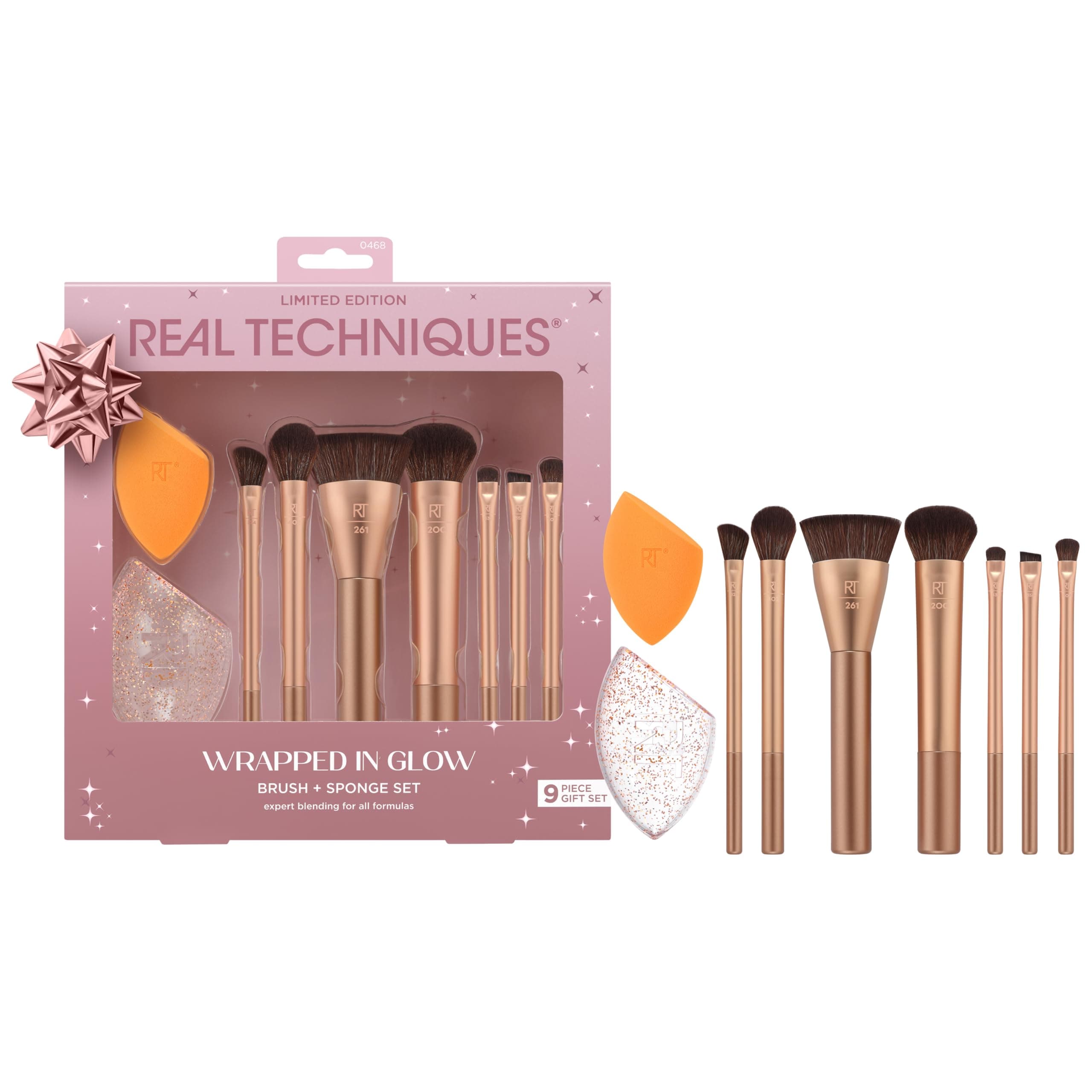 Wrapped In Glow Brush + Sponge 9 Piece Holiday Gift Set, Complete Makeup Brush Set, Foundation Sponge For Seamless Blending & Travel Case, Limited Edition, Latex-Free Foam