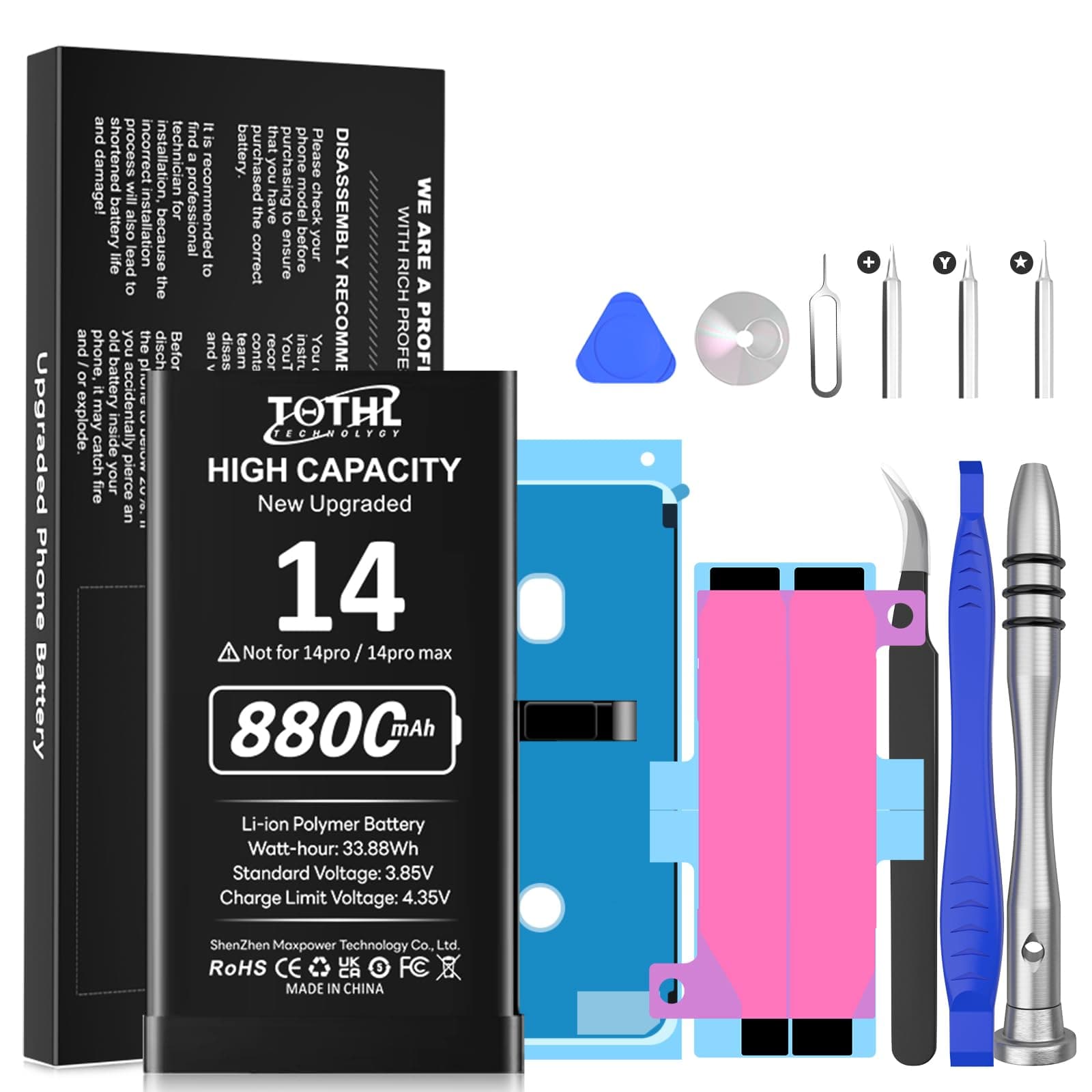 8800mAh Replacement for iPhone 14 Battery, (2024 New Upgrade) Upgraded Capacity for 14 A2882 A2649 A2881 A2884 A2883 Battery with Repair Kit