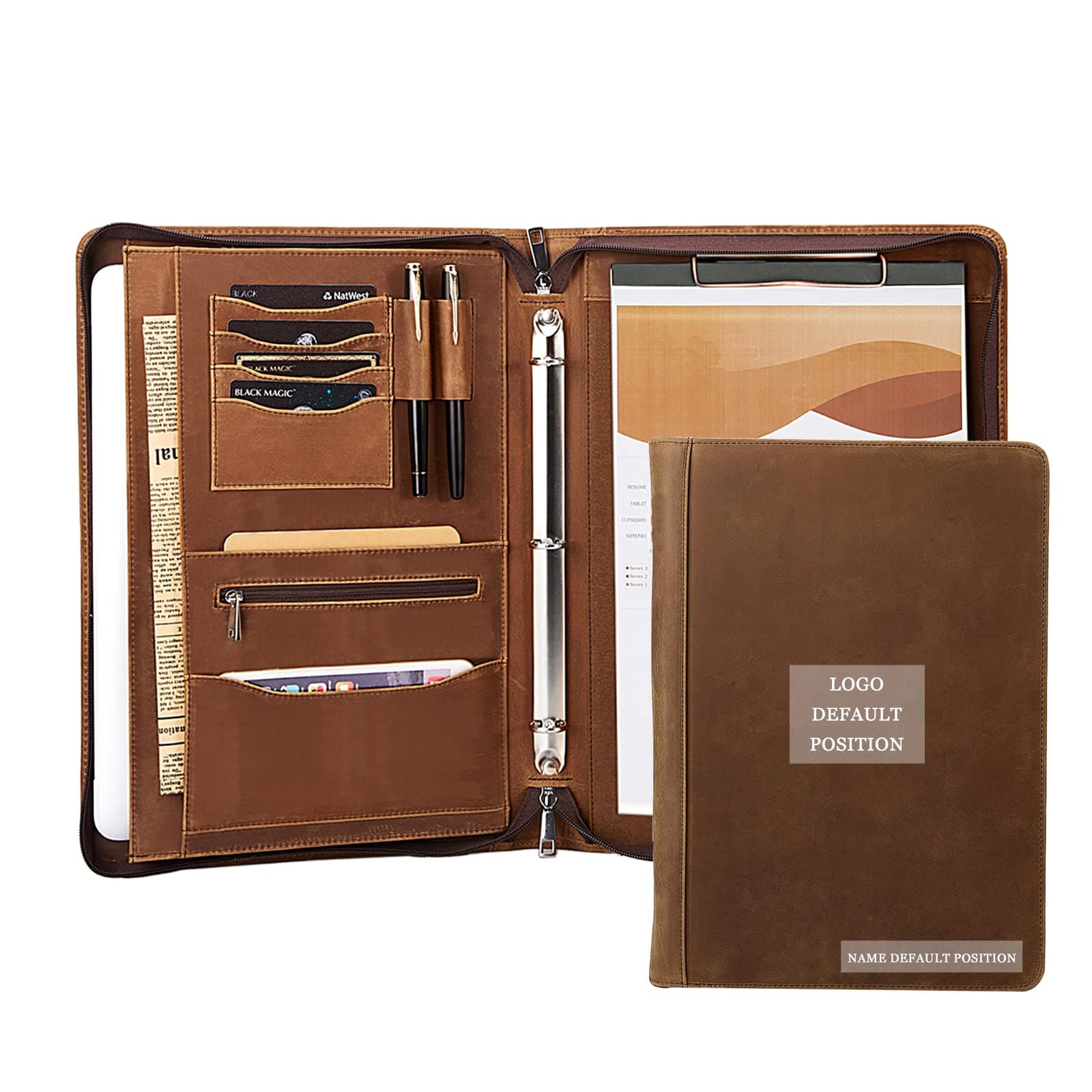 AZXCG Personalized Leather Portfolio 3 Ring Binder with Zipper fits up to 13.3" Laptop, A4/Letter Size Notepad Holder, Professional Padfolio Genuine Folder, Name/Logo Engraving Christmas Gifts