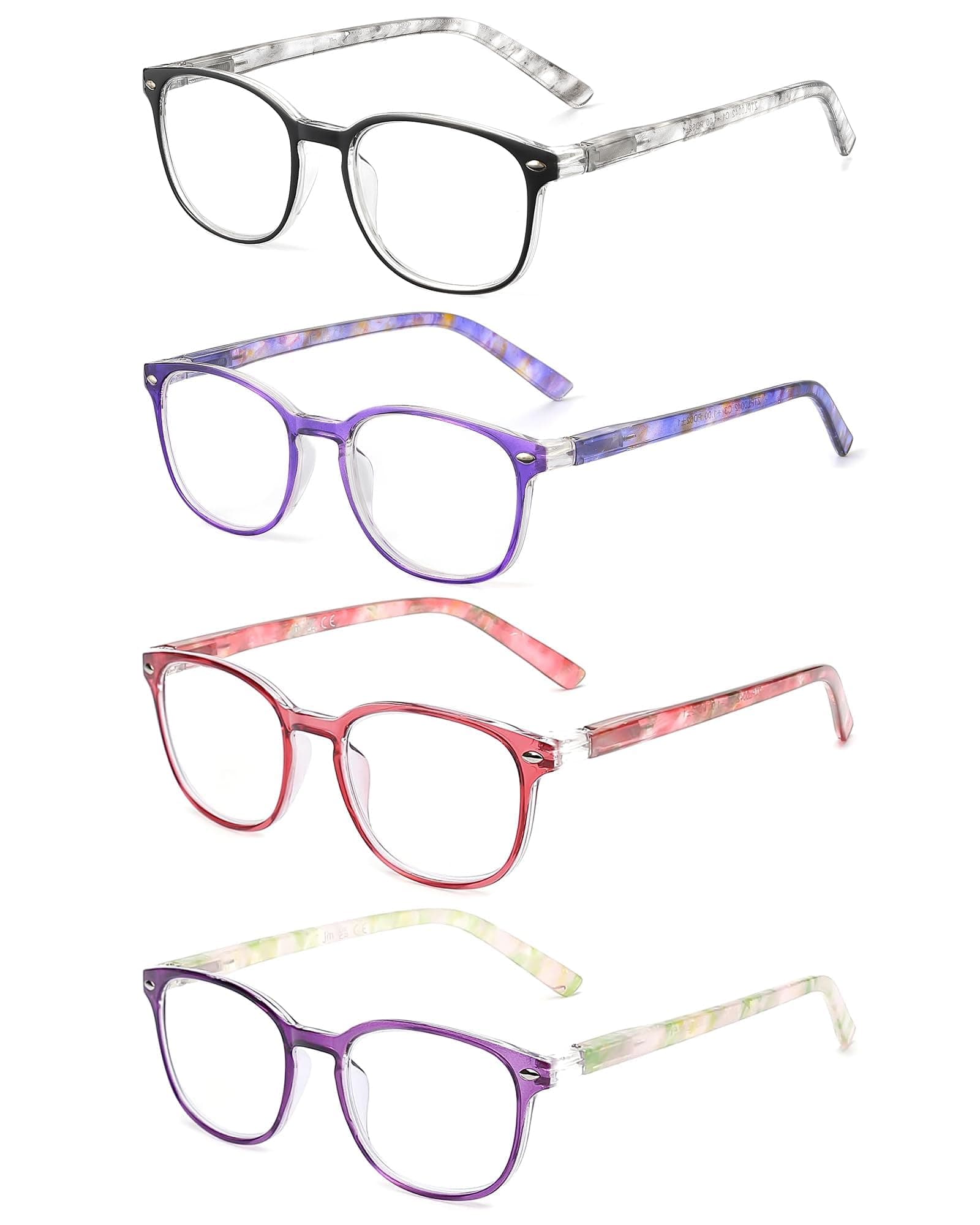 JM Reading Glasses Women with Spring Hinge 4 Pack, Lightweight Quality Vintage Readers Colorful Square Glasses for Ladies Magnifying